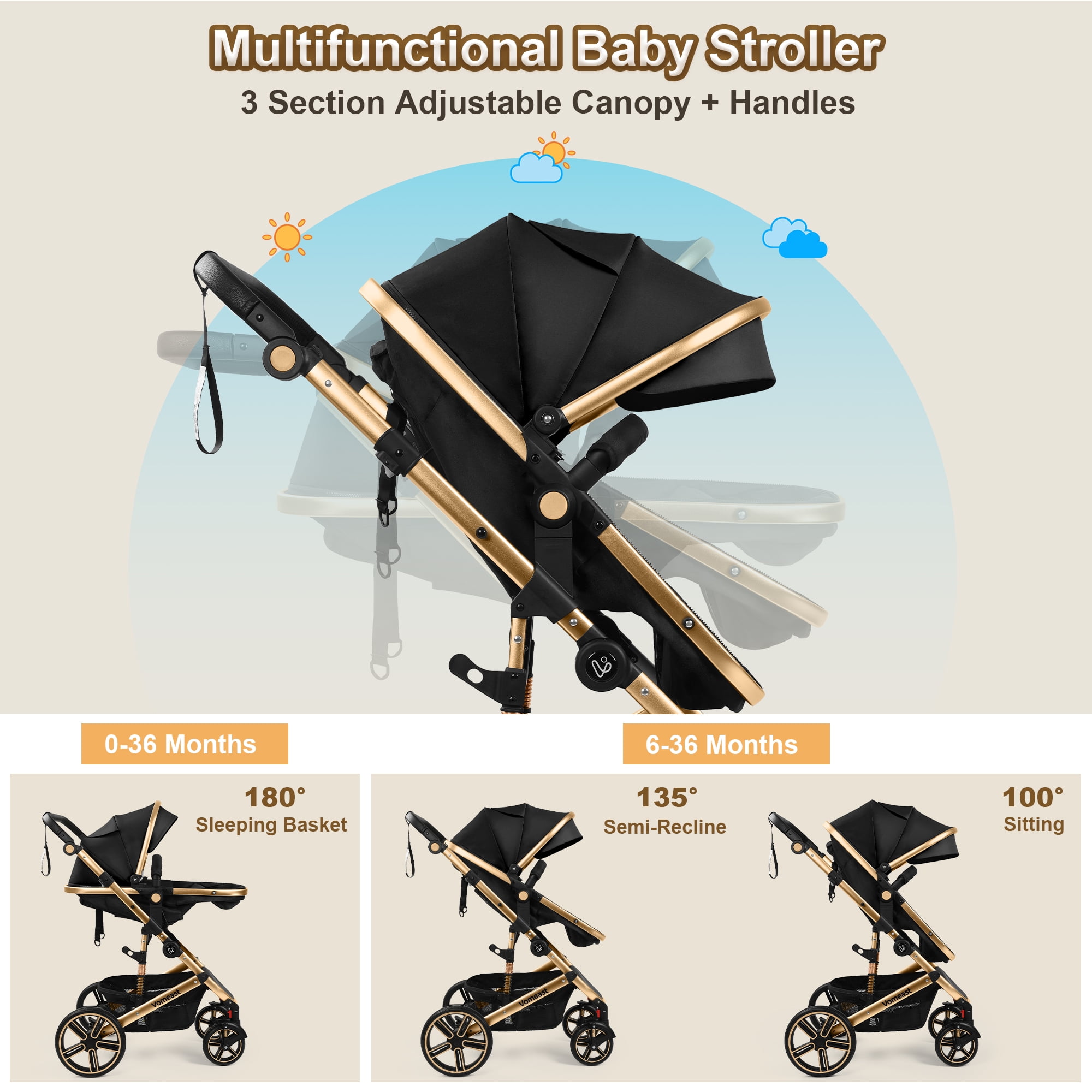 Vomeast Baby Stroller, Foldable Aluminum Alloy Stroller with Reversible, Travel Stroller for Newborn Infant, Black - Image 4