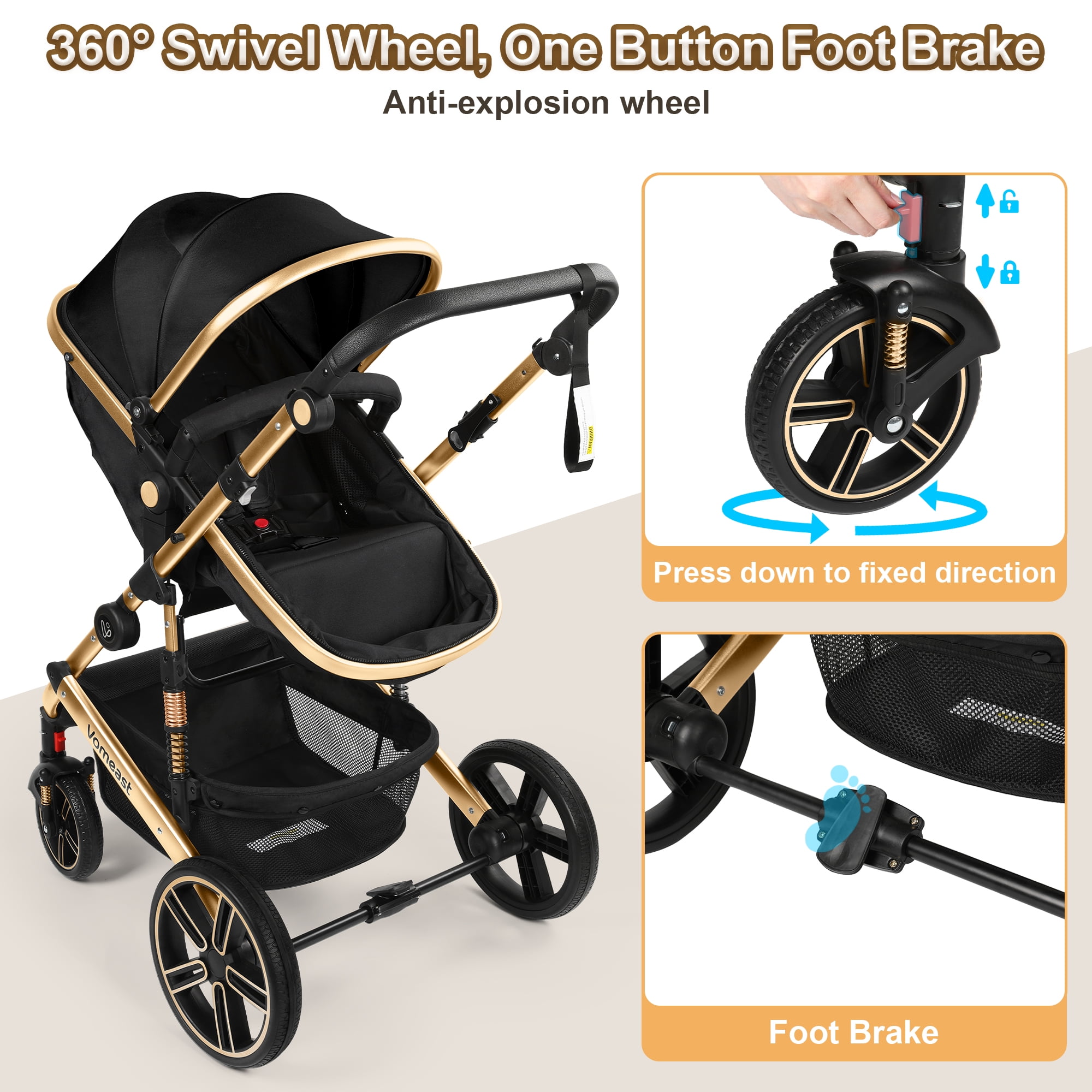 Vomeast Baby Stroller, Foldable Aluminum Alloy Stroller with Reversible, Travel Stroller for Newborn Infant, Black - Image 3
