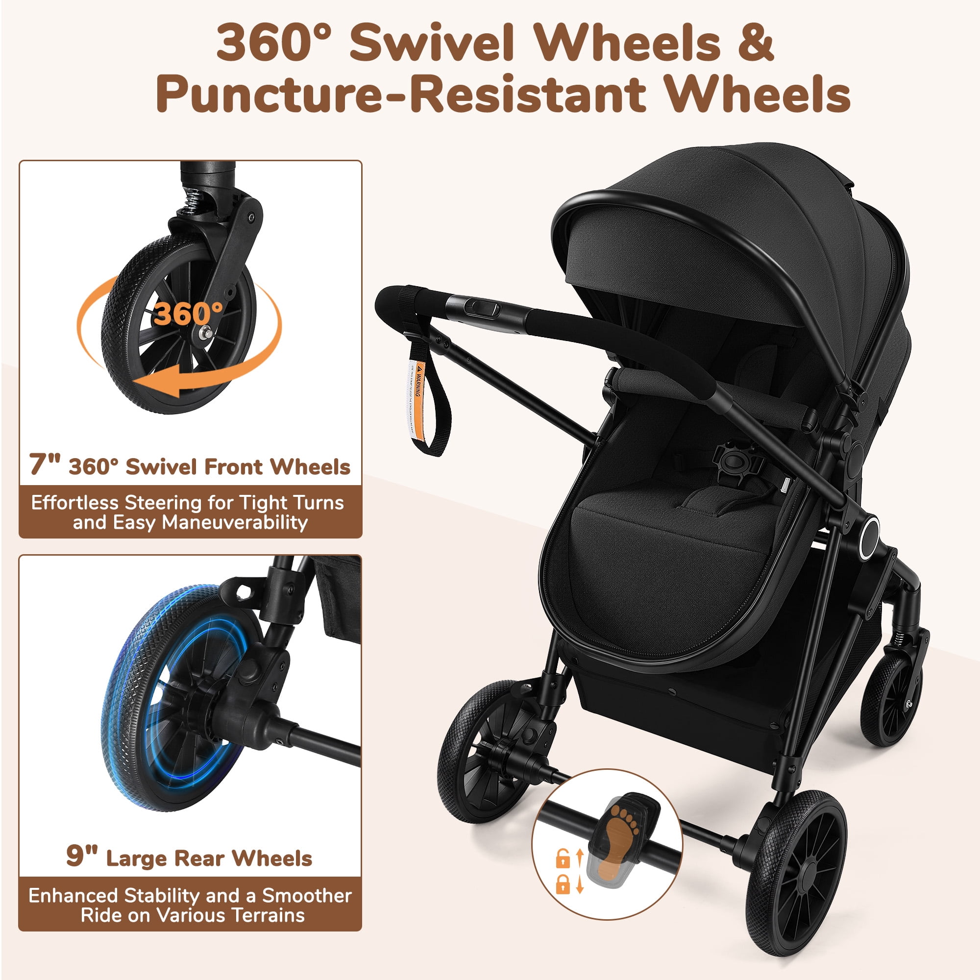 Vomeast Baby Stroller, Foldable Lightweight Travel Stroller, Reversible Seat, 5-Point Harness, Adjustable Canopy, Black - Image 5