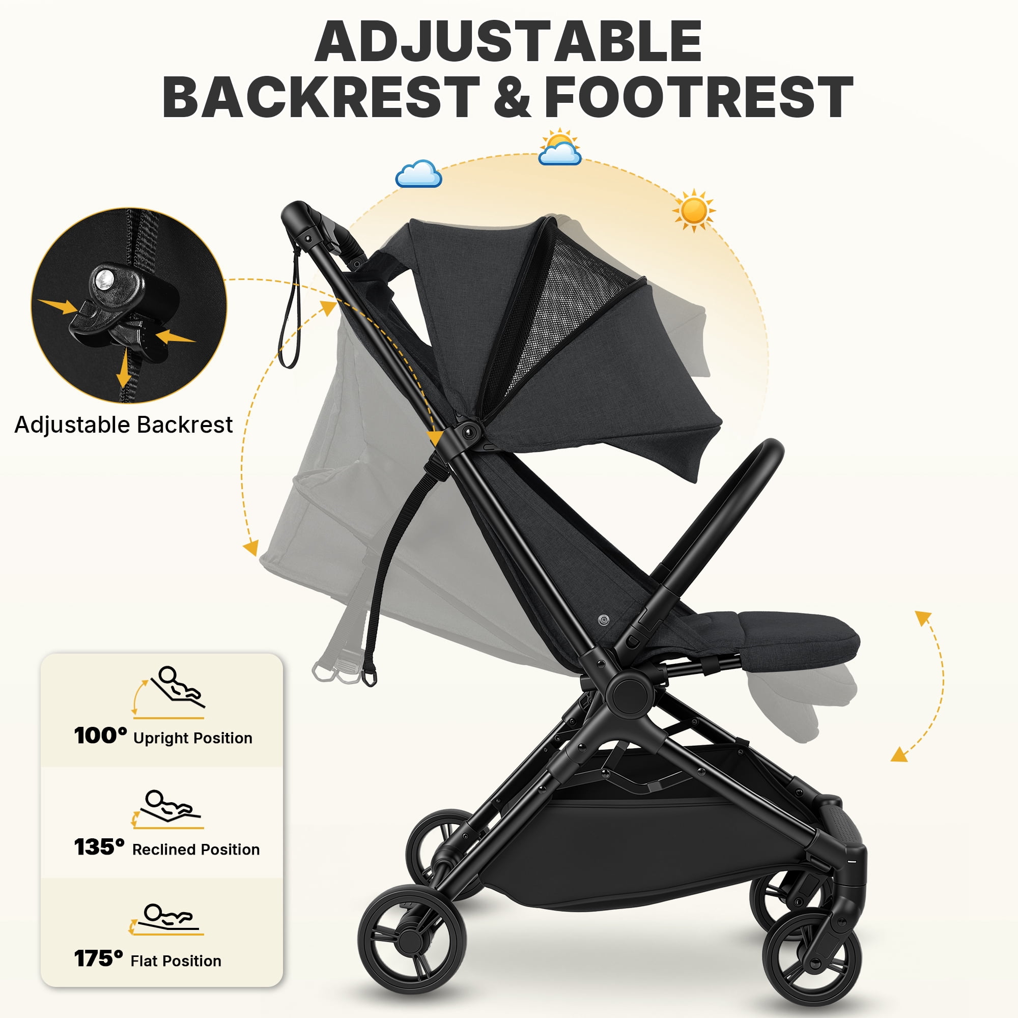 Vomeast Baby Stroller for Airplane, Portable Lightweight Travel Stroller for Infants and Toddlers, 12 lb, Black - Image 2