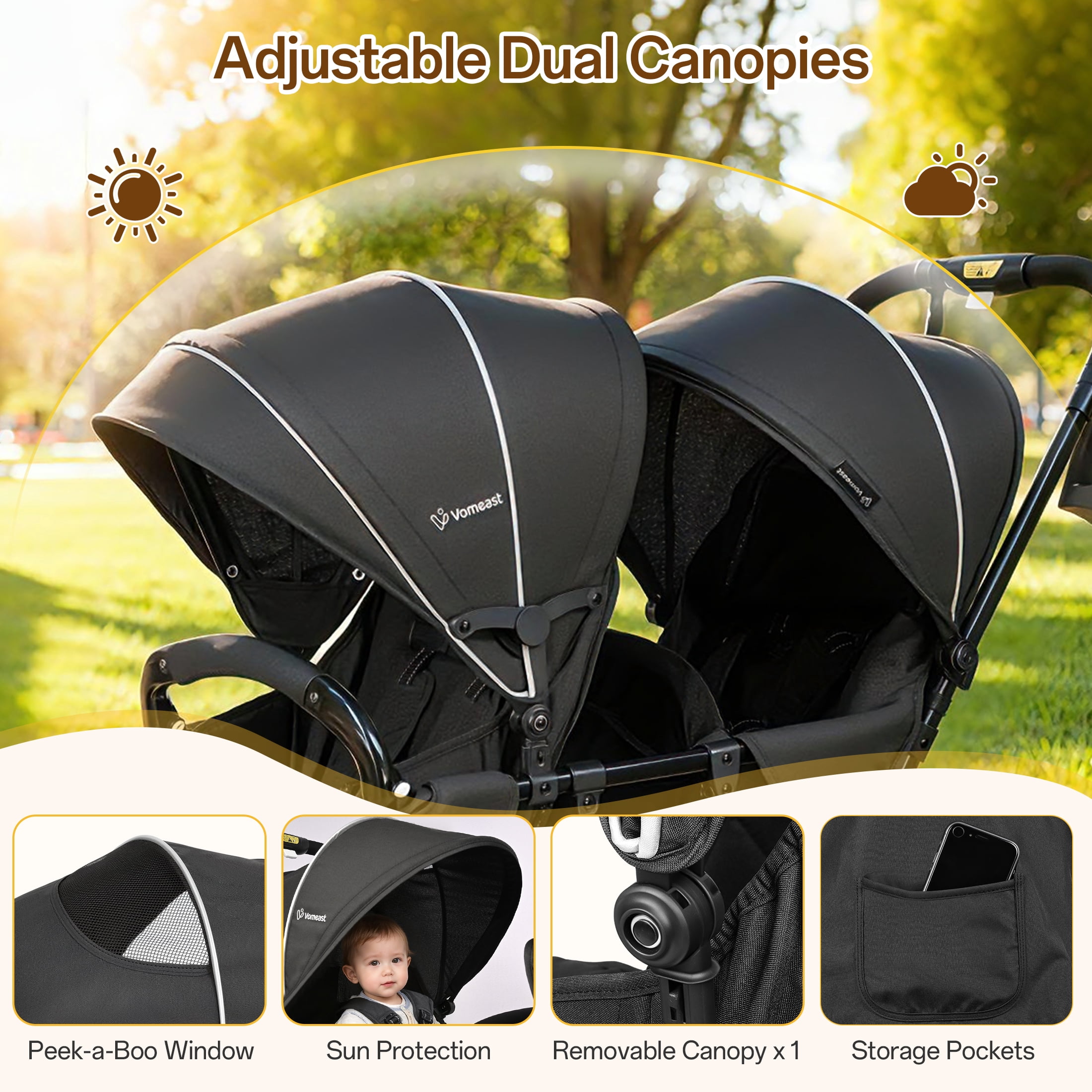Vomeast Double Stroller for Twins, Foldable Lightweight Travel Stroller for Infant and Toddler, 5-Point Harness, Adjustable Canopy & Reclining Seat, Black - Image 3