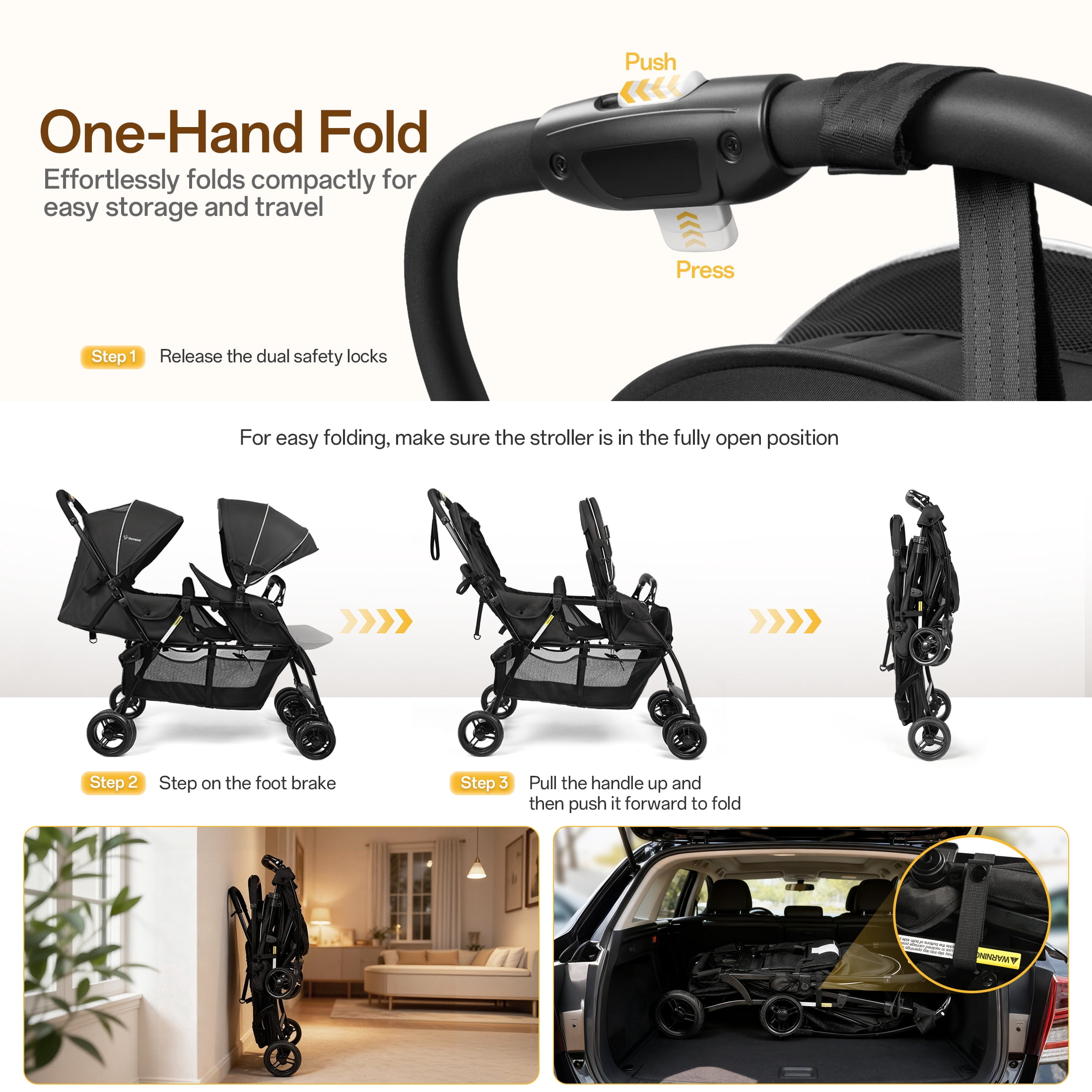Vomeast Double Stroller for Twins, Foldable Lightweight Travel Stroller for Infant and Toddler, 5-Point Harness, Adjustable Canopy & Reclining Seat, Black - Image 2