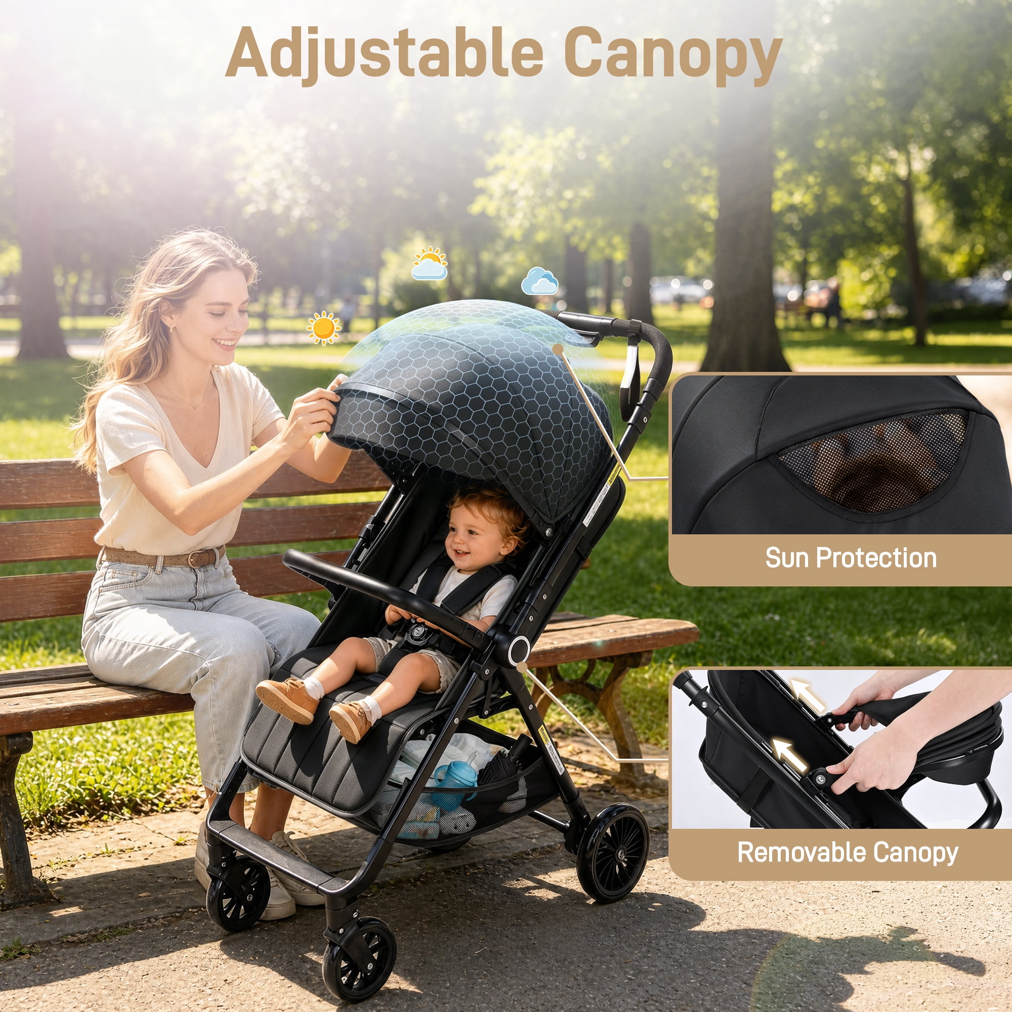 Vomeast Lightweight Stroller, Foldable Baby Stroller with Reversible Handle & One-Hand Fold for Travel, Black - Image 2