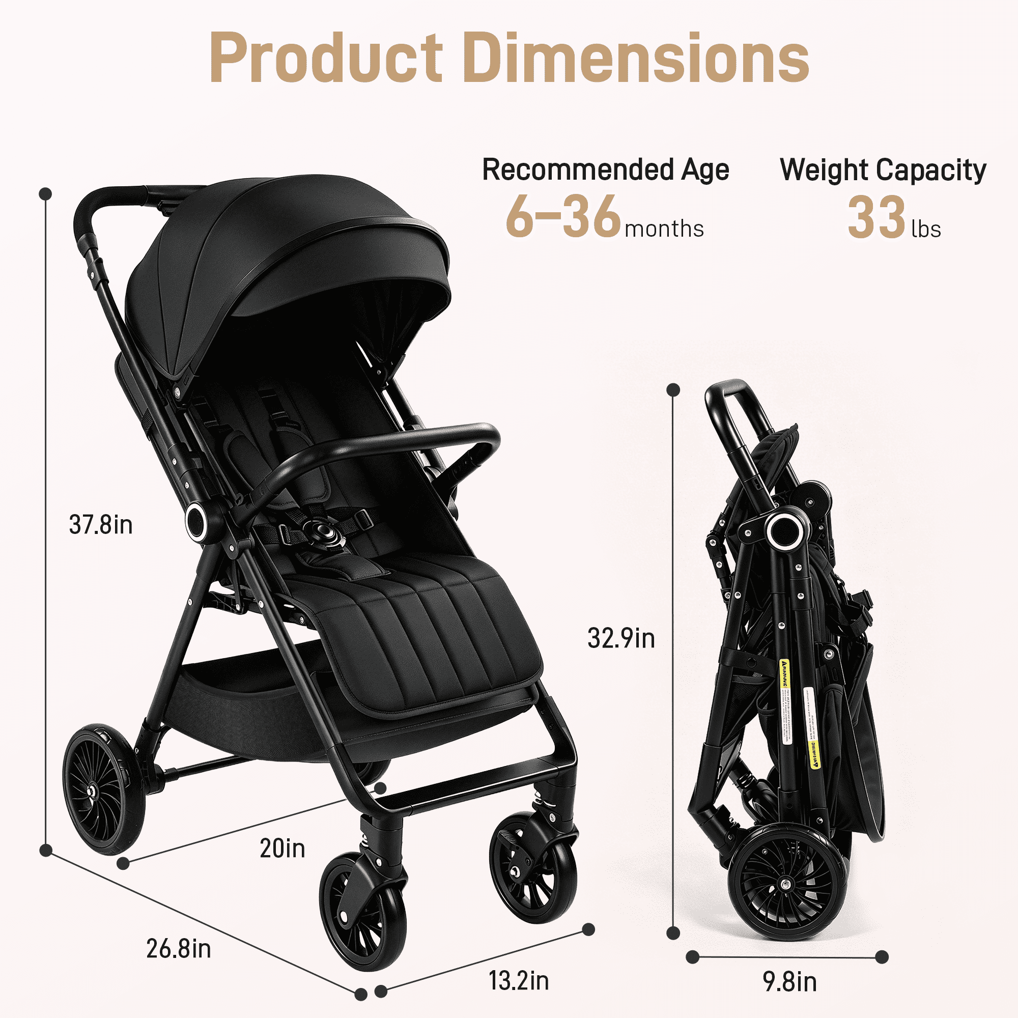 Vomeast Lightweight Stroller, Foldable Baby Stroller with Reversible Handle & One-Hand Fold for Travel, Black - Image 5