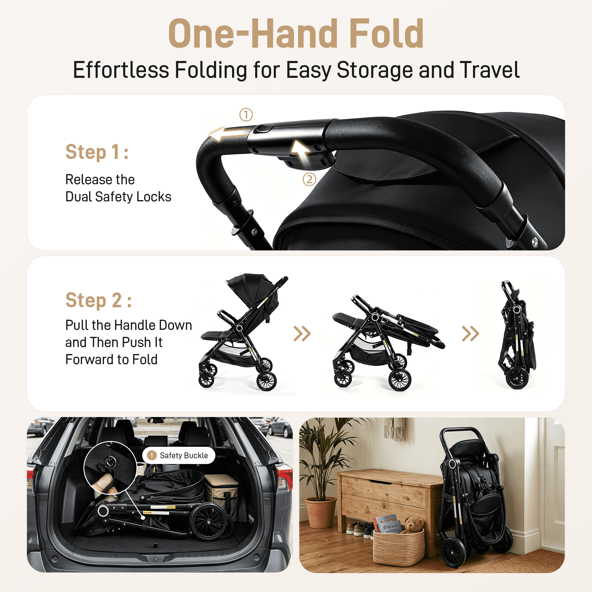 Vomeast Lightweight Stroller, Foldable Baby Stroller with Reversible Handle & One-Hand Fold for Travel, Black - Image 3