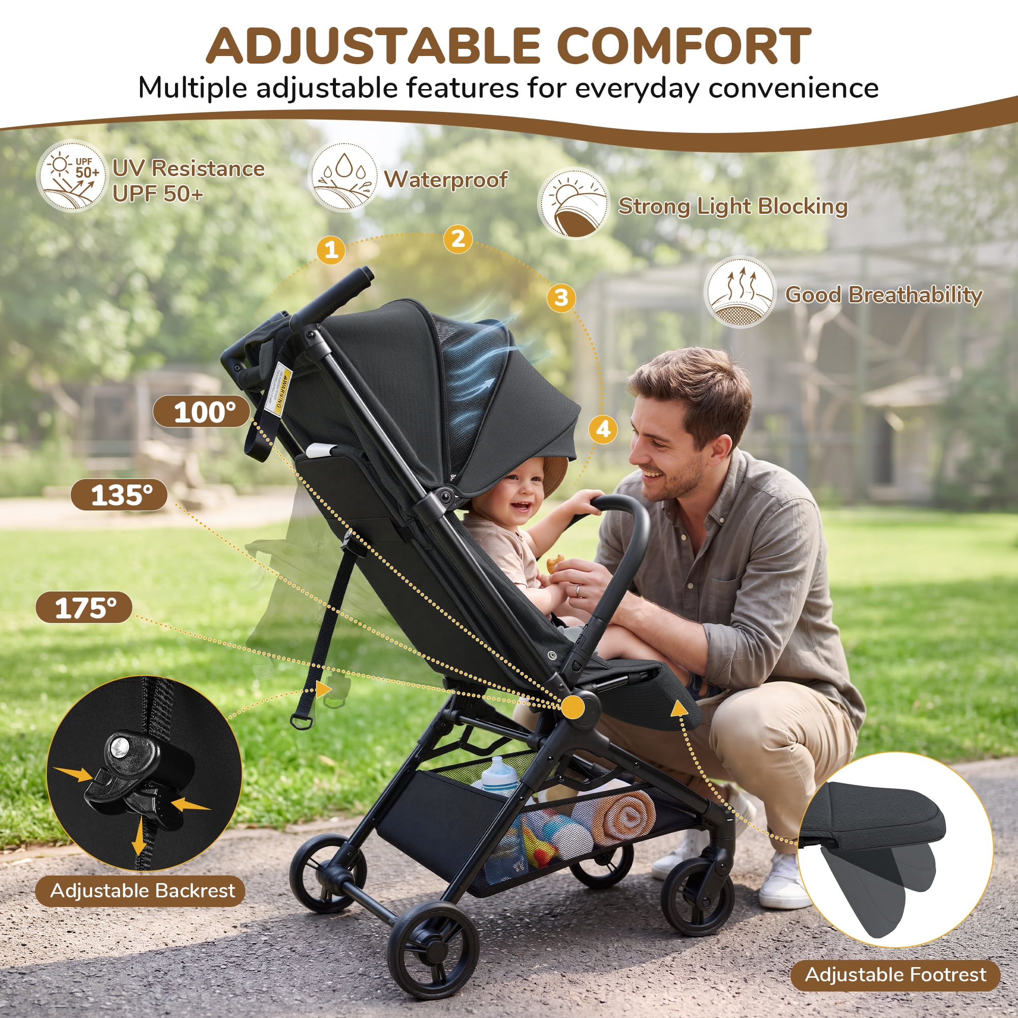 Vomeast Lightweight Stroller for Airplane Travel, Portable Baby Stroller for Infants and Toddlers, 12 lb, Black - Image 3