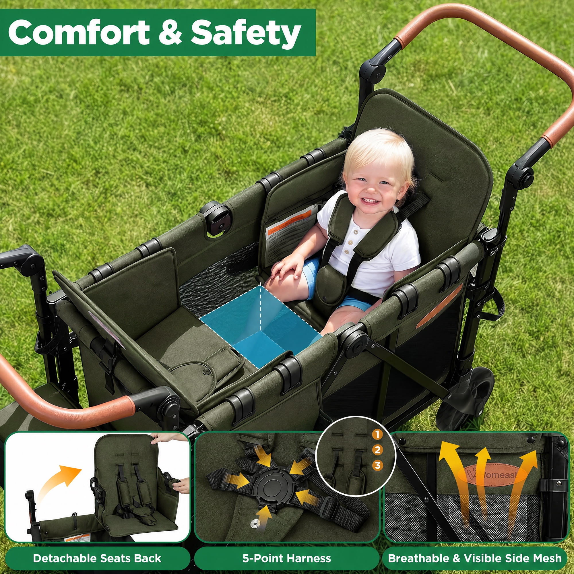 Vomeast Upgrade Wagon Stroller for 2 Kids,Green - Image 4