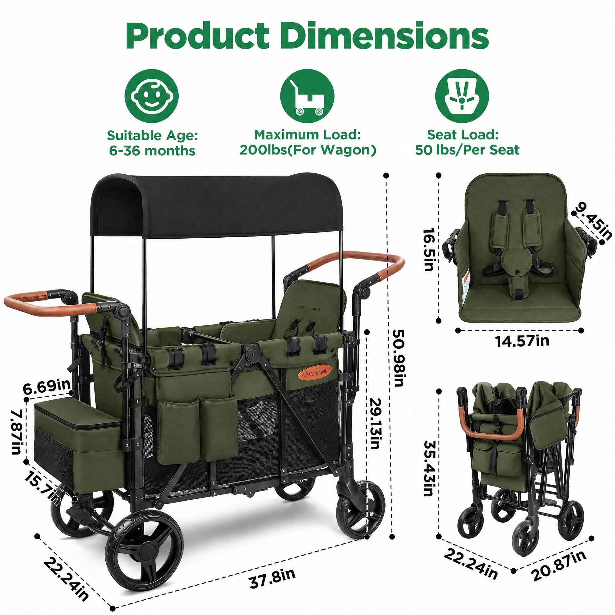 Vomeast Upgrade Wagon Stroller for 2 Kids,Green - Image 3