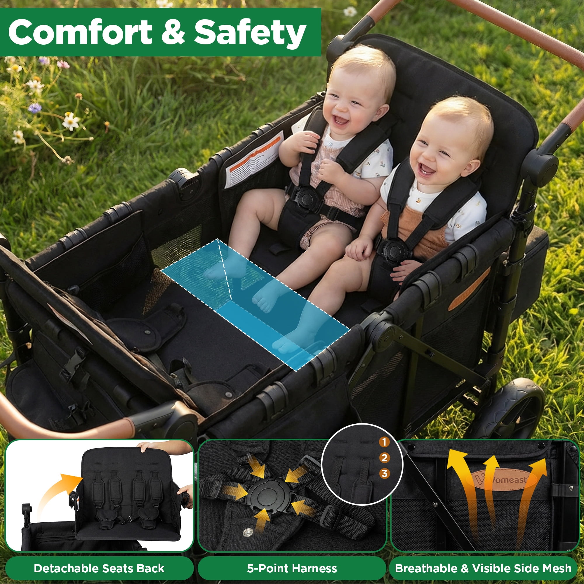 Vomeast Upgrade Wagon Stroller for 4 Kids, 4-Seater Outdoor Baby Stroller Wagon with Canopy, 5-Point Harness, Adjustable Handle(Black) - Image 2