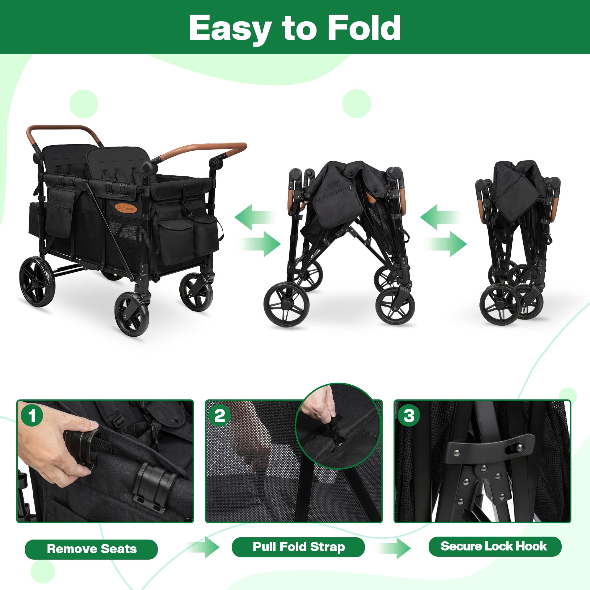 Vomeast Upgrade Wagon Stroller for 4 Kids, 4-Seater Outdoor Baby Stroller Wagon with Canopy, 5-Point Harness, Adjustable Handle(Black) - Image 4