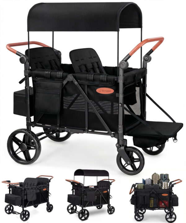 Vomeast Upgrade Wagon Stroller for 4 Kids, 4-Seater Outdoor Baby Stroller Wagon with Canopy, 5-Point Harness, Adjustable Handle(Black)
