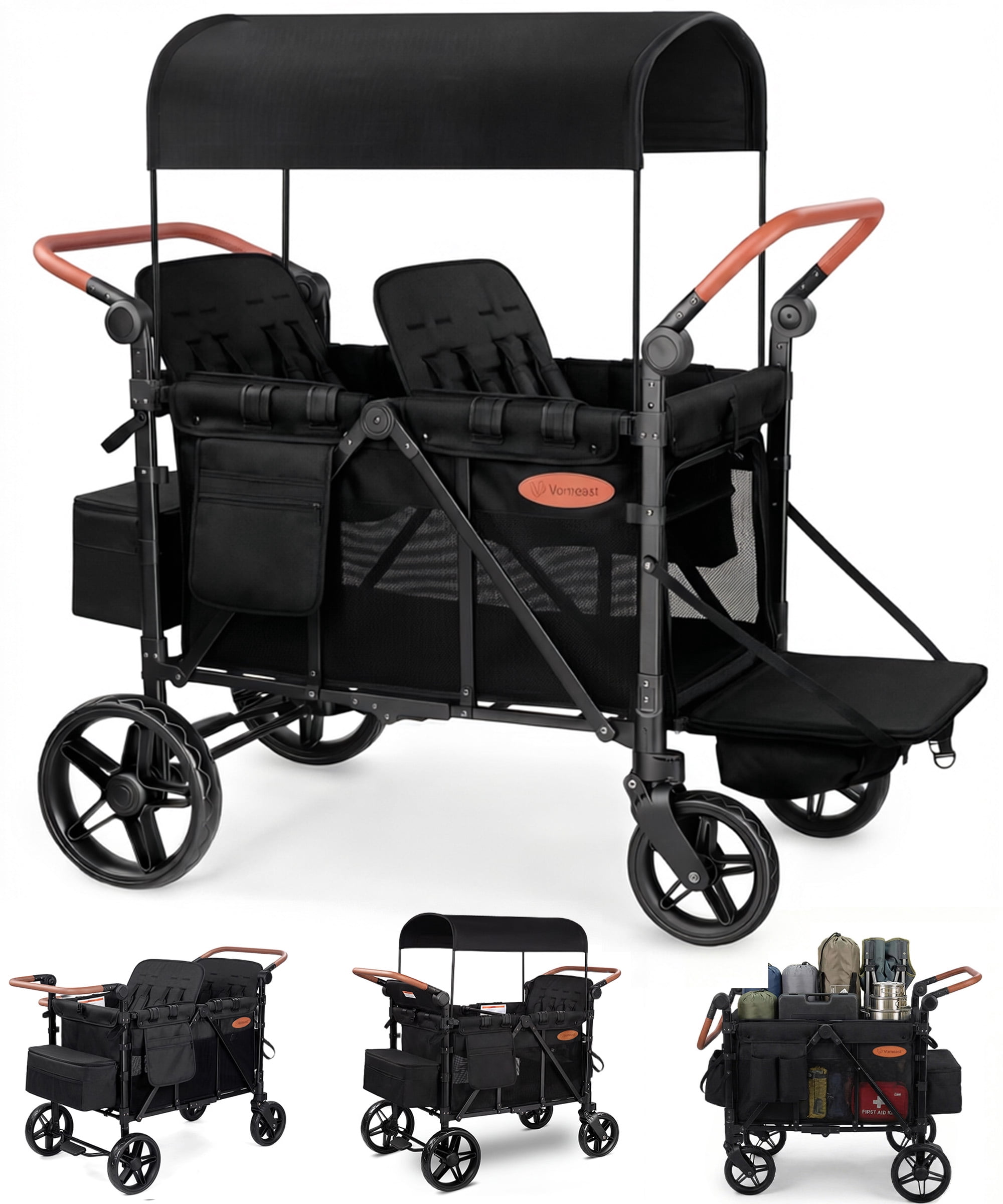 Vomeast Upgrade Wagon Stroller for 4 Kids, 4-Seater Outdoor Baby Stroller Wagon with Canopy, 5-Point Harness, Adjustable Handle(Black)