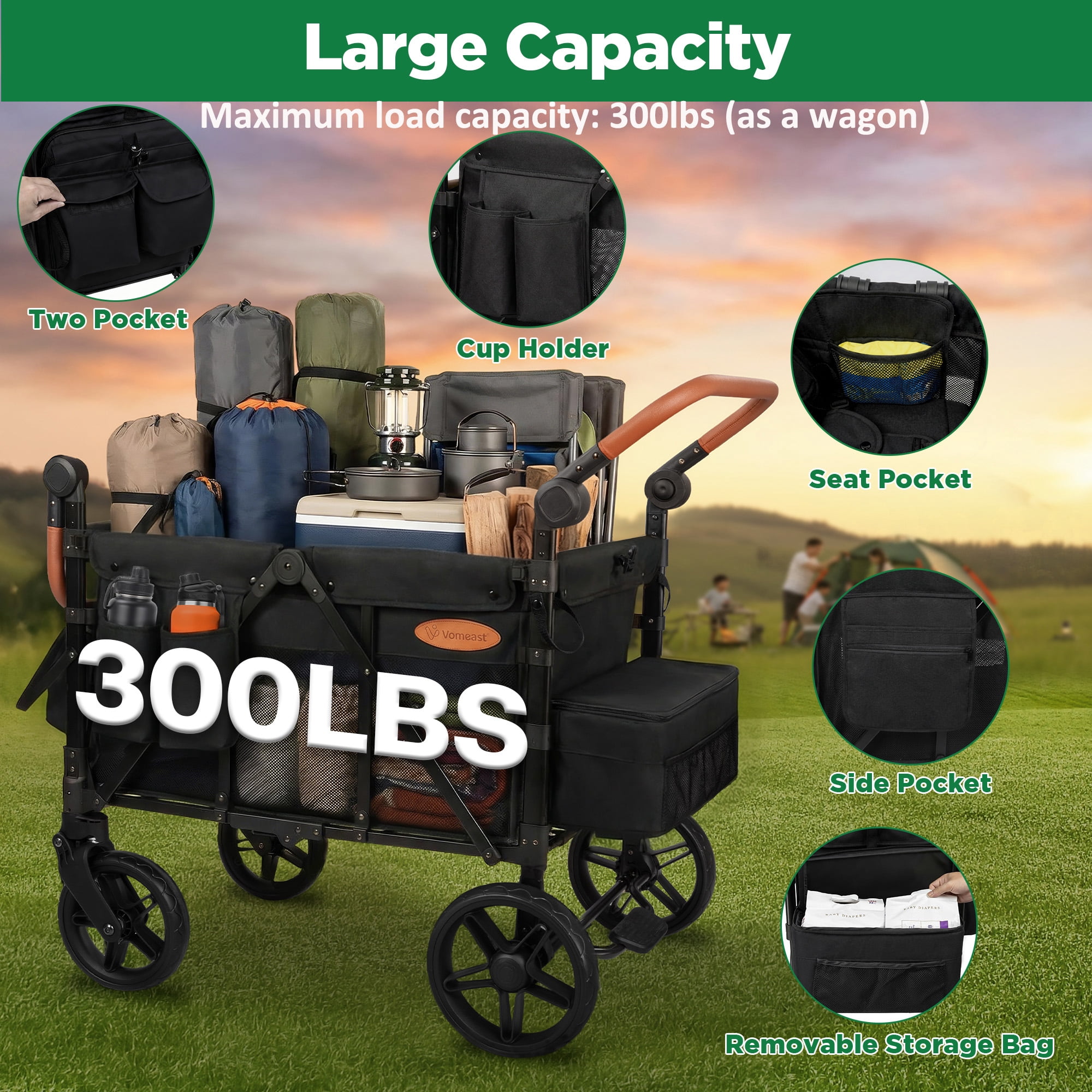 Vomeast Upgrade Wagon Stroller for 4 Kids, 4-Seater Outdoor Baby Stroller Wagon with Canopy, 5-Point Harness, Adjustable Handle(Black) - Image 3