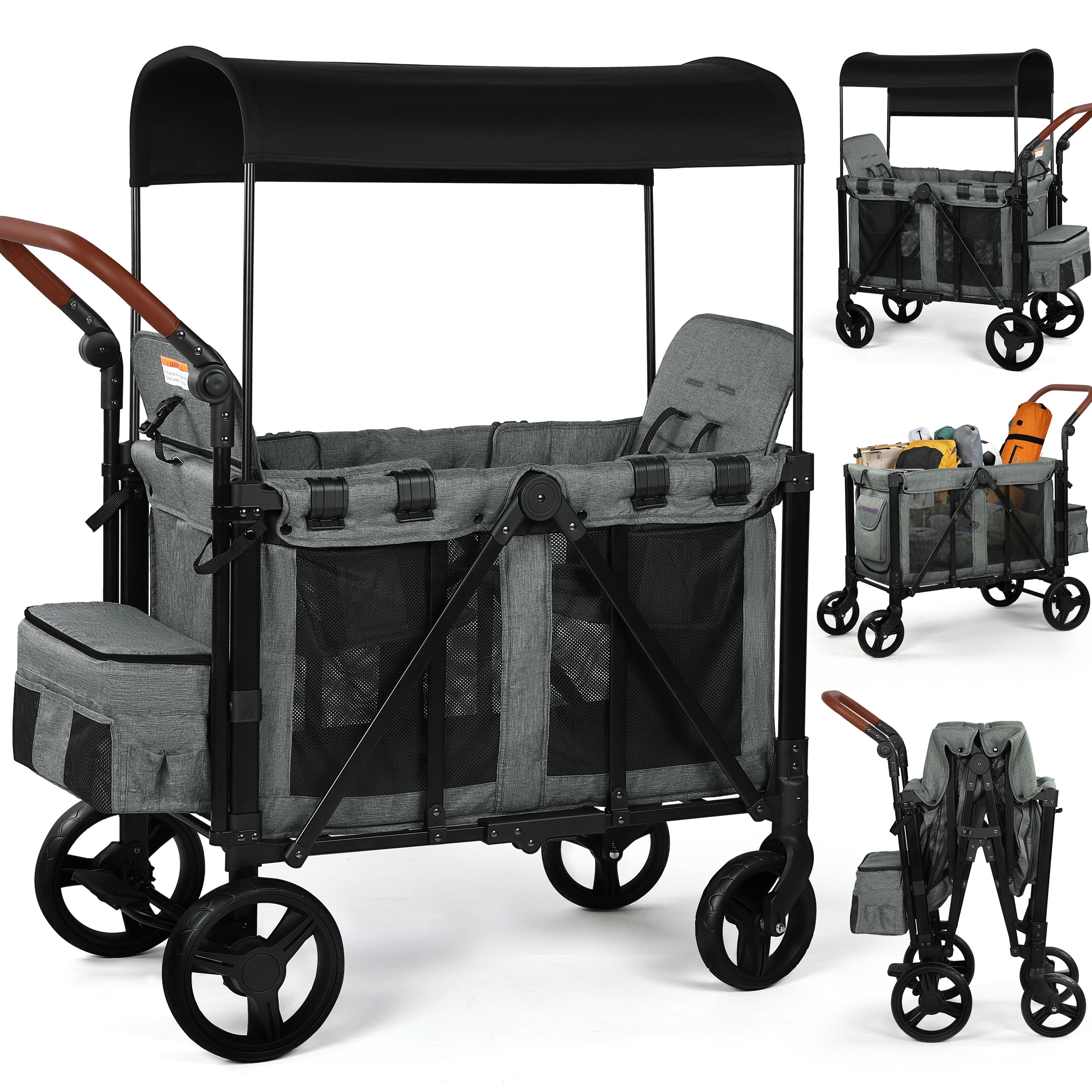 Vomeast Wagon Stroller for 2 Kids, 3-in-1 Outdoor Baby Stroller Wagon with Canopy, 5-Point Harness, Grey