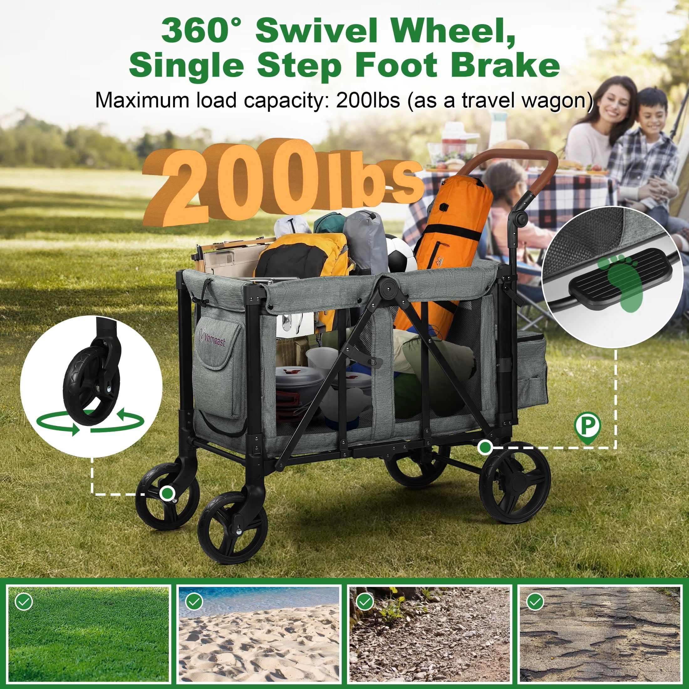Vomeast Wagon Stroller for 2 Kids, 3-in-1 Outdoor Baby Stroller Wagon with Canopy, 5-Point Harness, Grey - Image 4