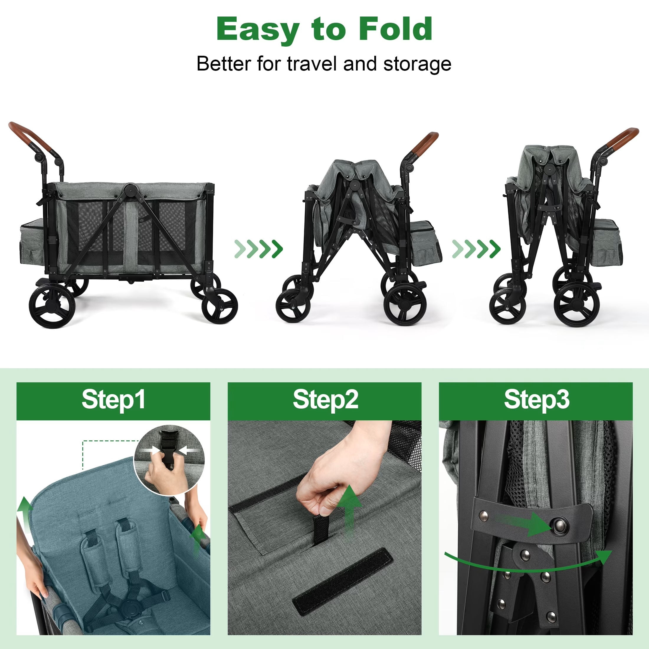 Vomeast Wagon Stroller for 2 Kids, 3-in-1 Outdoor Baby Stroller Wagon with Canopy, 5-Point Harness, Grey - Image 2