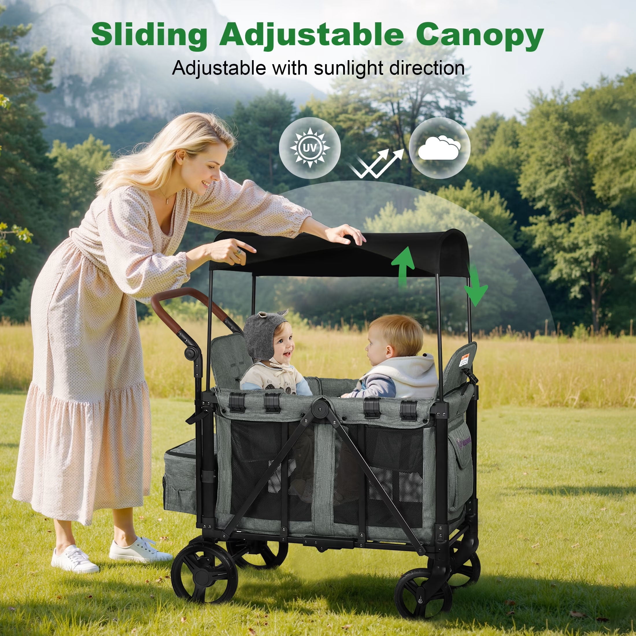 Vomeast Wagon Stroller for 2 Kids, 3-in-1 Outdoor Baby Stroller Wagon with Canopy, 5-Point Harness, Grey - Image 5