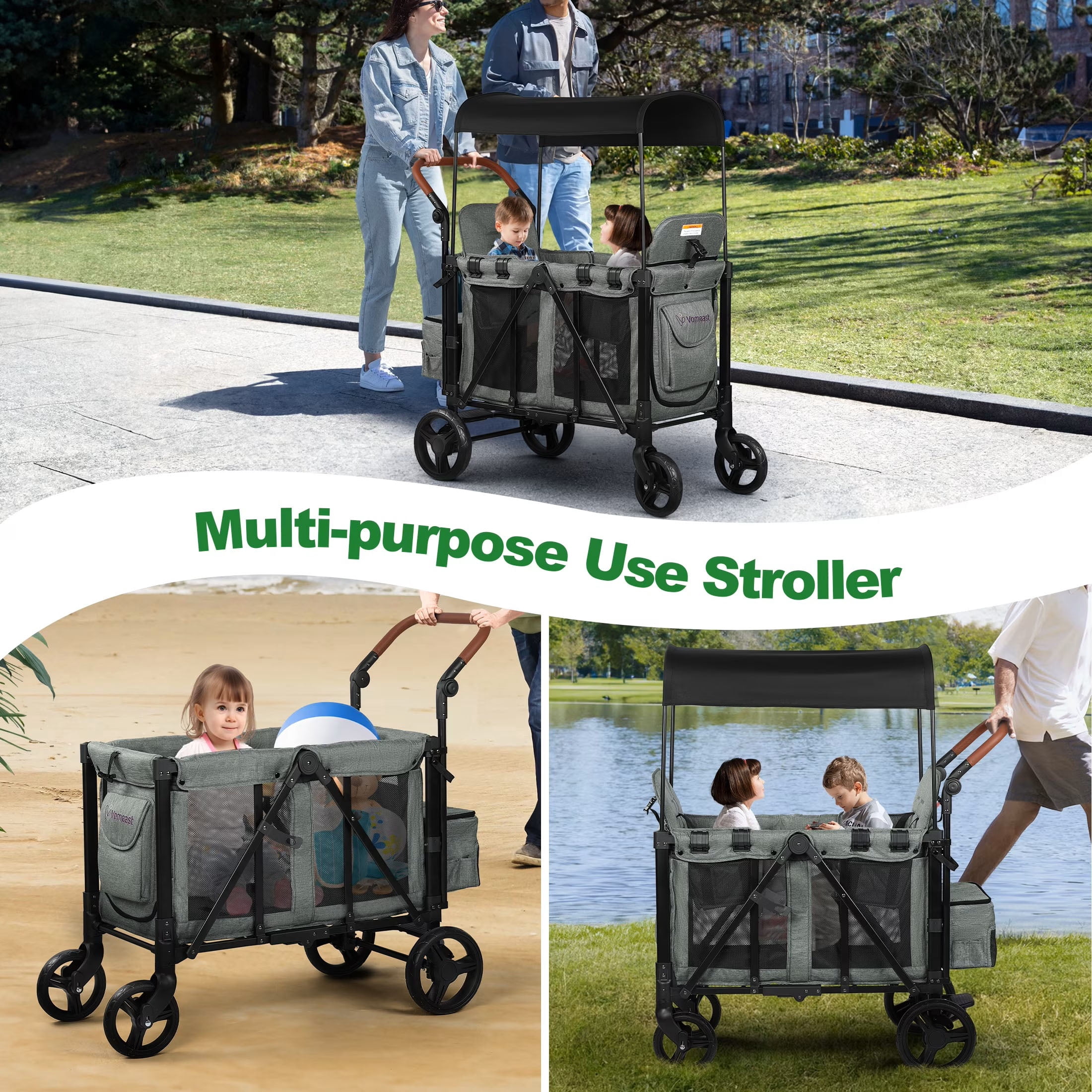 Vomeast Wagon Stroller for 2 Kids, 3-in-1 Outdoor Baby Stroller Wagon with Canopy, 5-Point Harness, Grey - Image 3
