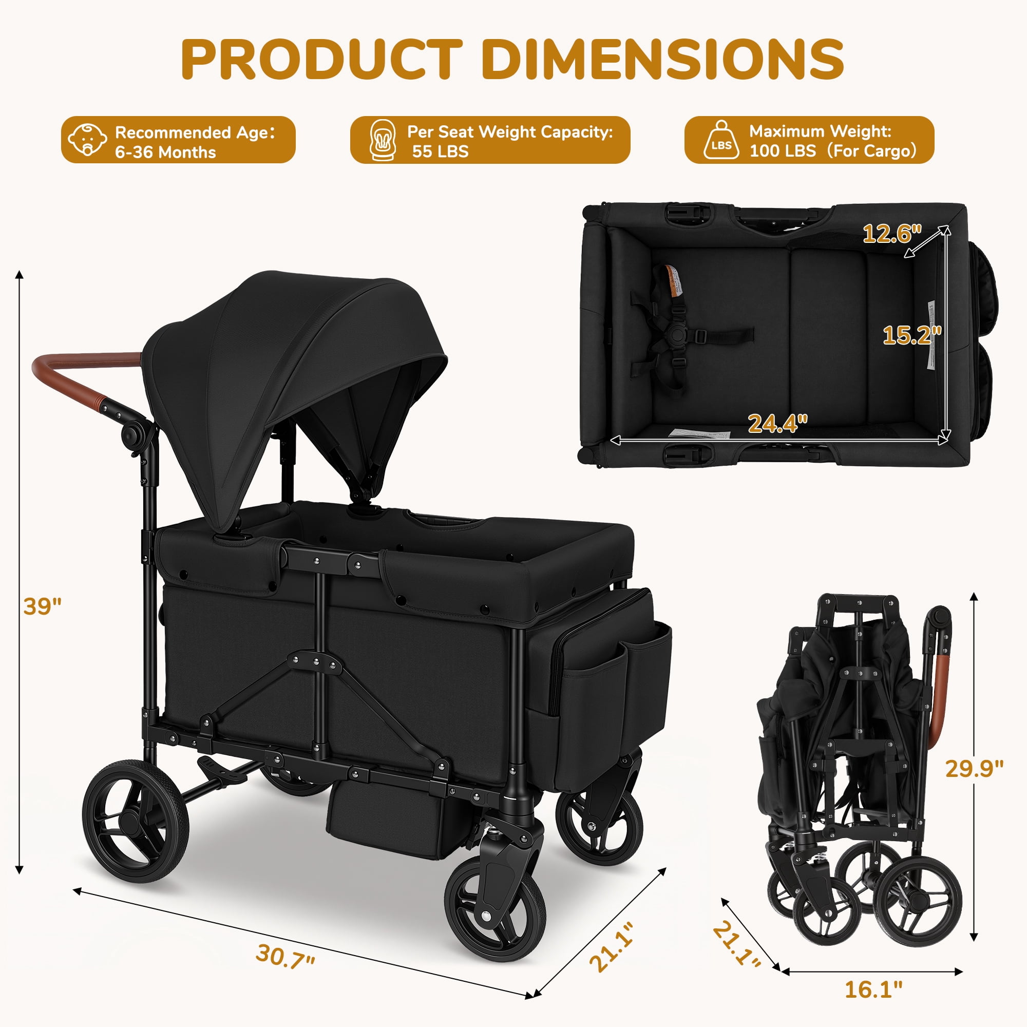 Vomeast Wagon Stroller for Kids, Outdoor Baby Stroller Wagon, 5-Piont Harness & Canopy,All-Terrain,Black - Image 2