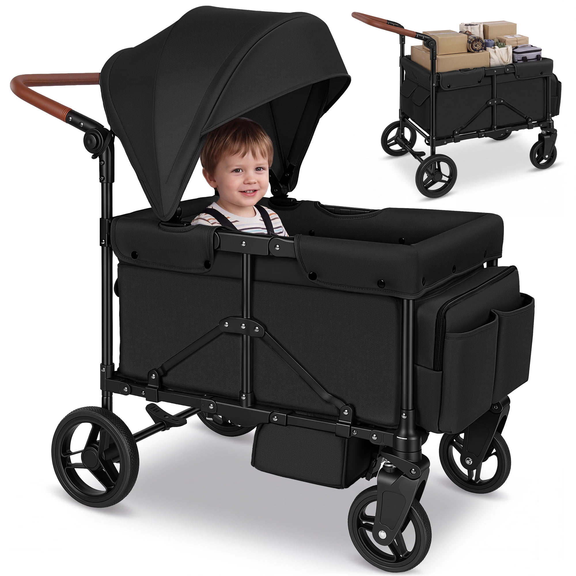 Vomeast Wagon Stroller for Kids, Outdoor Baby Stroller Wagon, 5-Piont Harness & Canopy,All-Terrain,Black