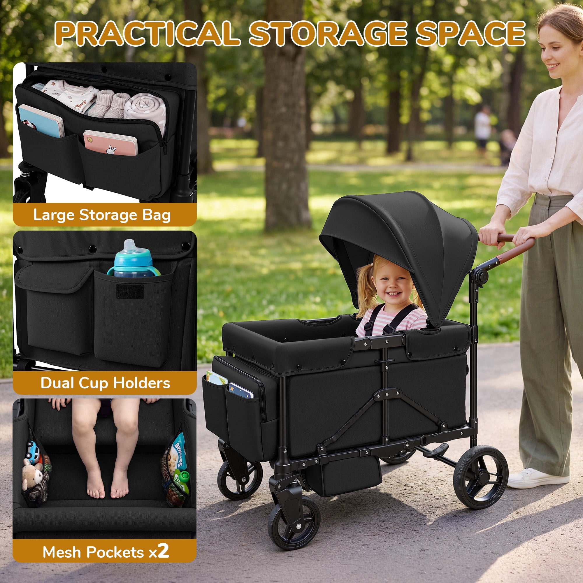 Vomeast Wagon Stroller for Kids, Outdoor Baby Stroller Wagon, 5-Piont Harness & Canopy,All-Terrain,Black - Image 3