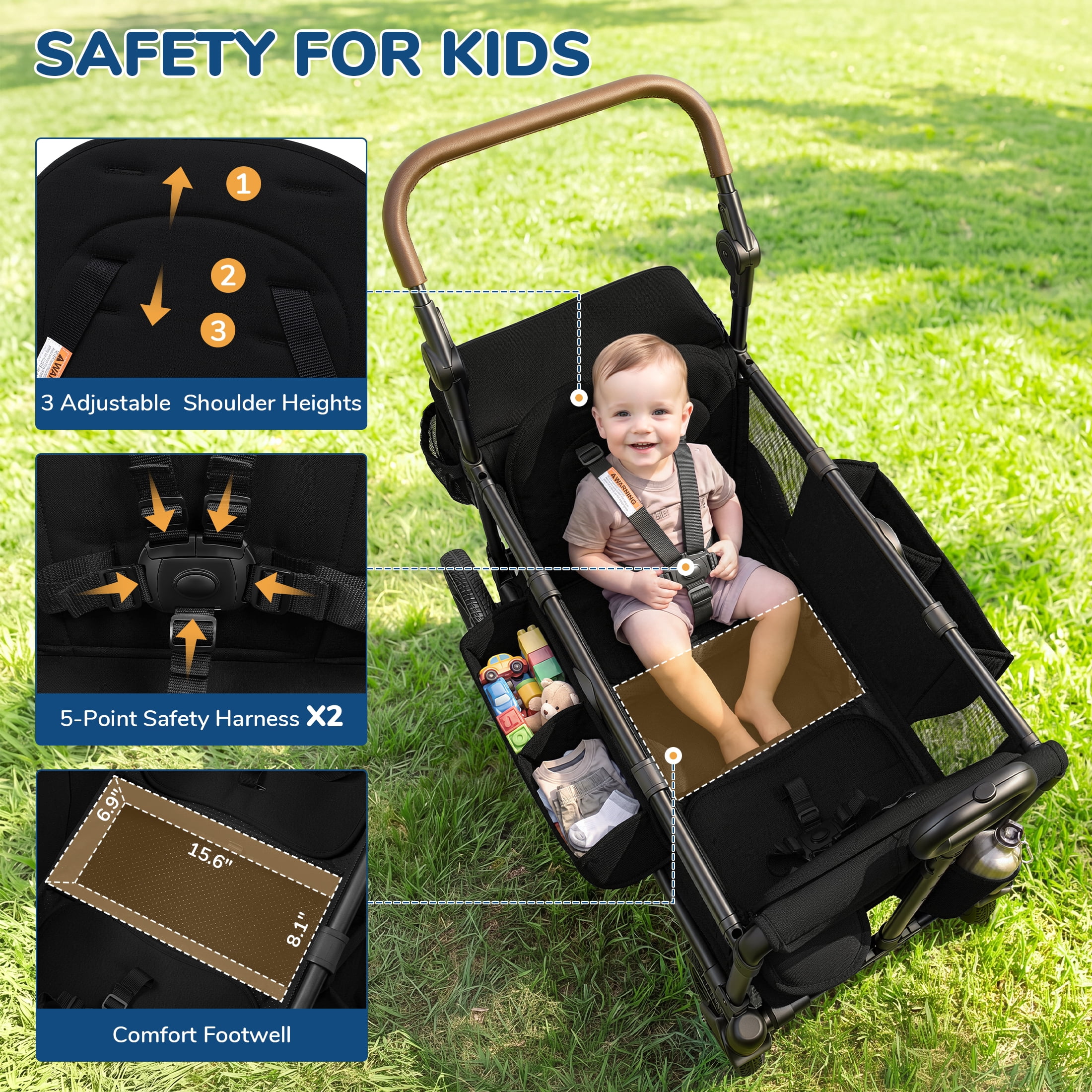 Vomeast Wagon Stroller with Tray,2-Seater Wagon for Kid,Side Entry,Black - Image 3