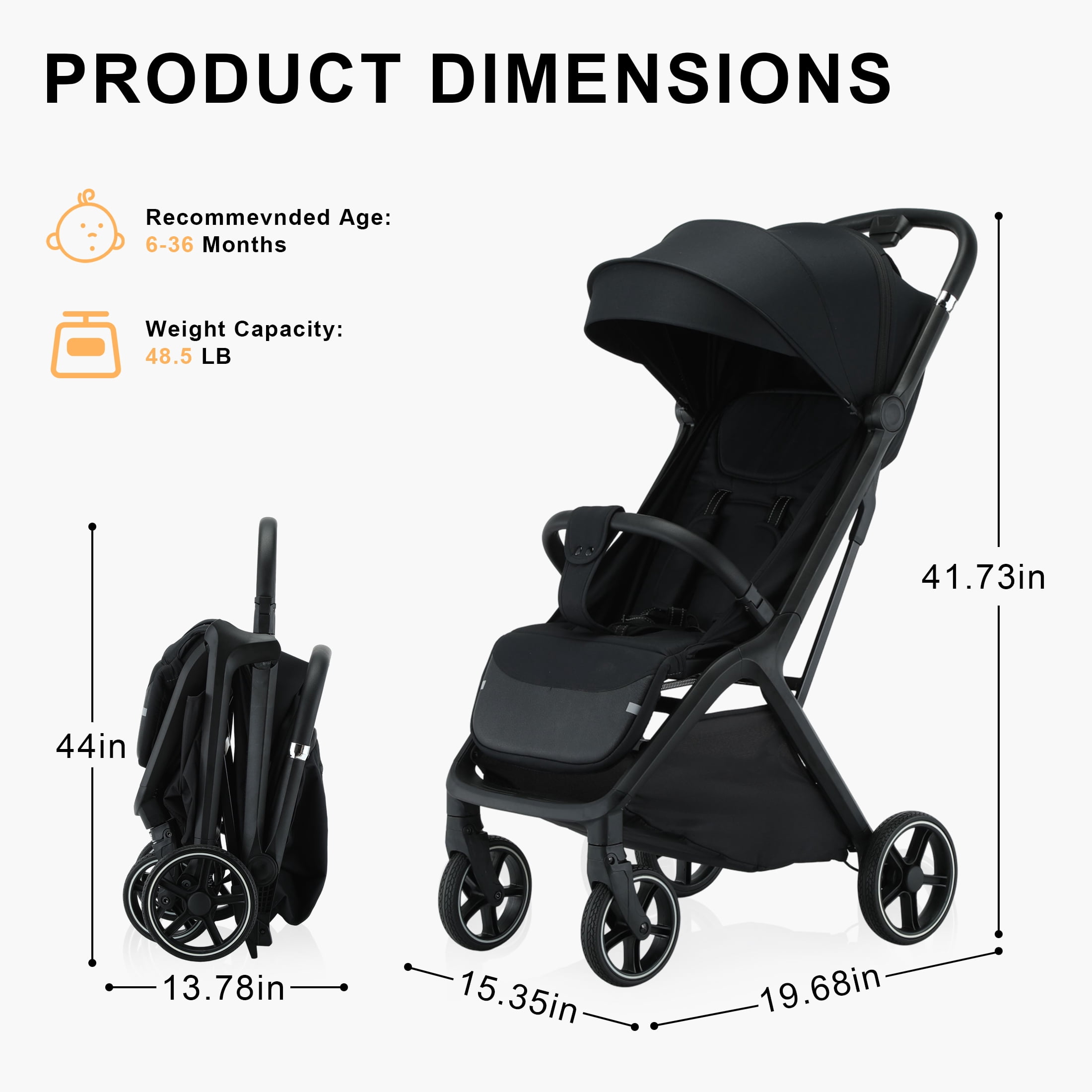 Vrhot Compact Baby Stroller, One-Hand Fold, Lightweight, Multi-Position Recline, Canopy, for Infants and Toddlers, Black - Image 5