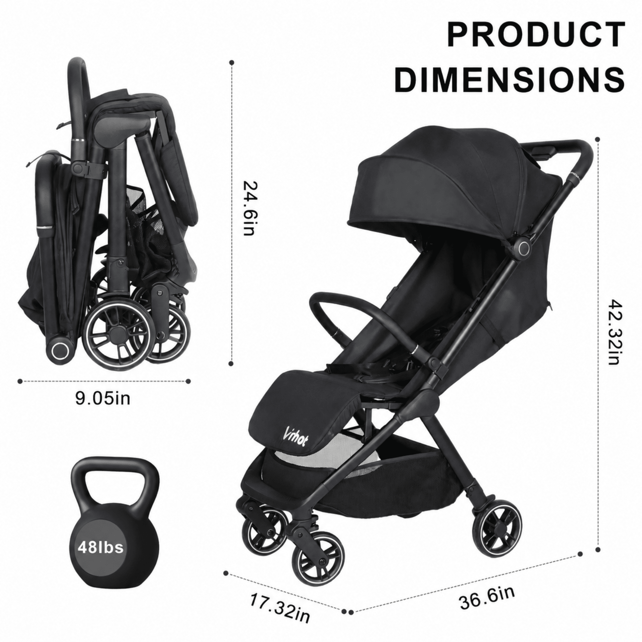 VRHOT Lightweight Baby Stroller for Newborn & Toddler, One-Hand Fold, UPF 50+ Canopy, Reclining Seat, Compact Travel Stroller, Black - Image 3