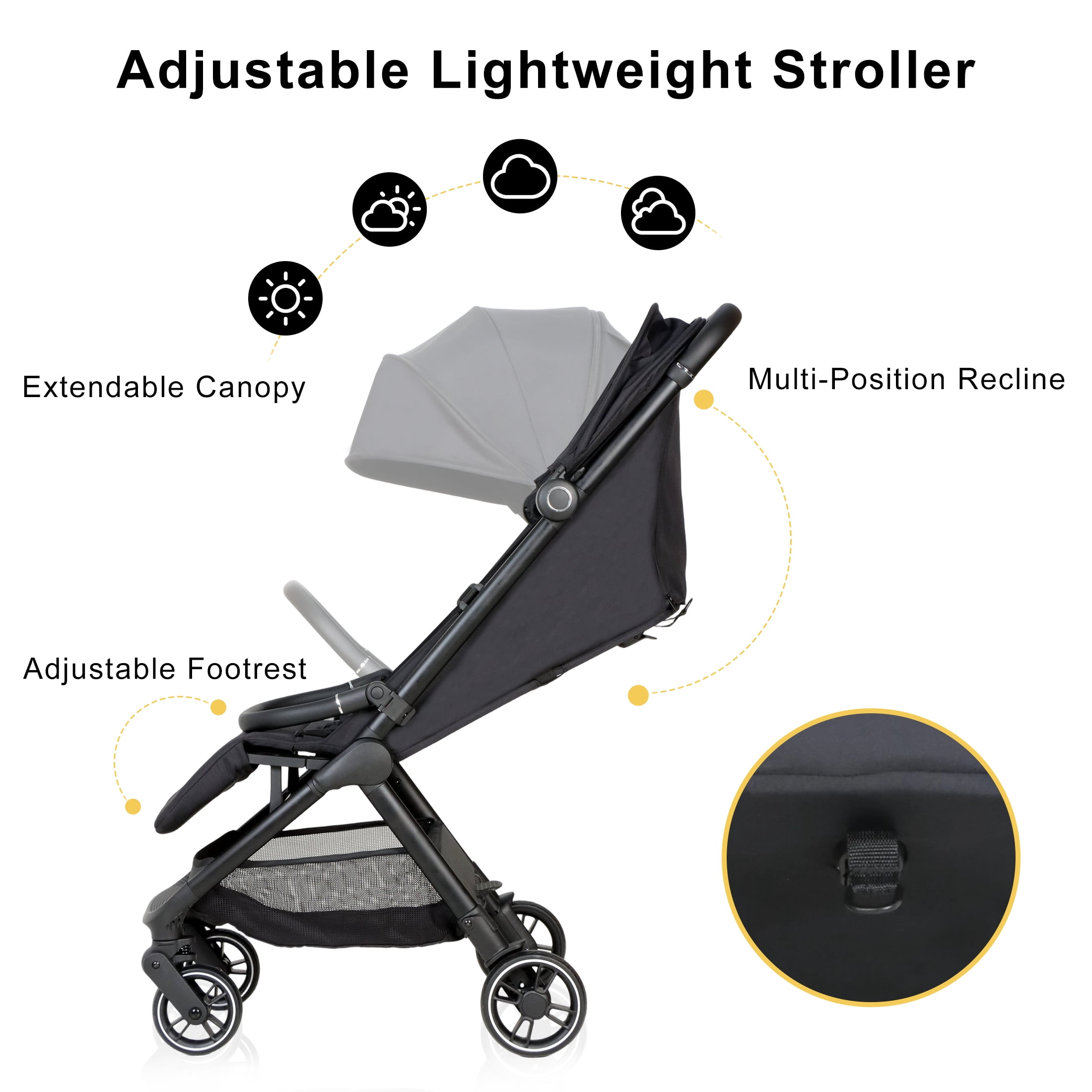 VRHOT Lightweight Baby Stroller for Newborn & Toddler, One-Hand Fold, UPF 50+ Canopy, Reclining Seat, Compact Travel Stroller, Black - Image 4
