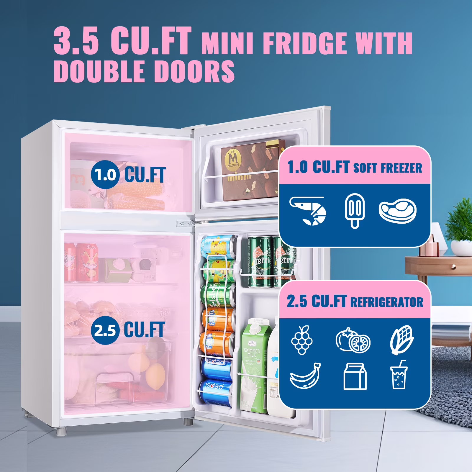 WANAI 3.5 Cubic feet Small Refrigerator with Freezer on Top Double Door Mini Fridge New White - Image 4
