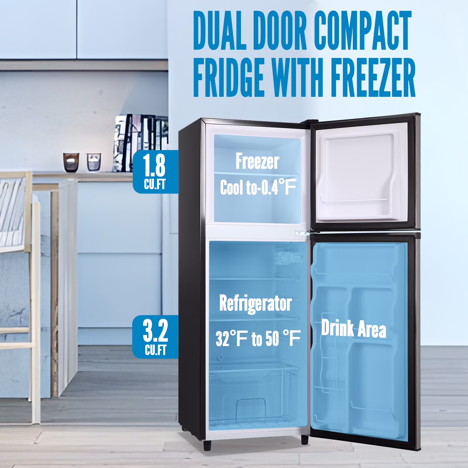 WANAI 5.0 Cu.ft Mini Refrigerator with Freezer 7 Settings Temp Adjustable Large Compact Fridge Silver - Image 3