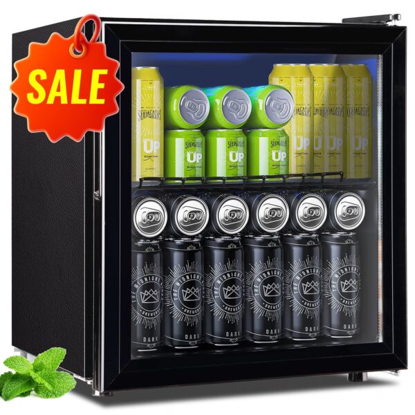 WANAI Beverage Refrigerator Cooler 1.7 Cu.ft Beer Fridge with Glass Door LED Light Adjustable Shelf