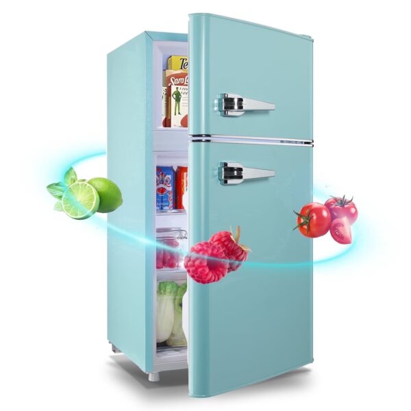 WANAI Small Retro Dual Door Refrigerator 3.5 Cu.ft Blue Fridge with Freezer for Dorm Apartment New