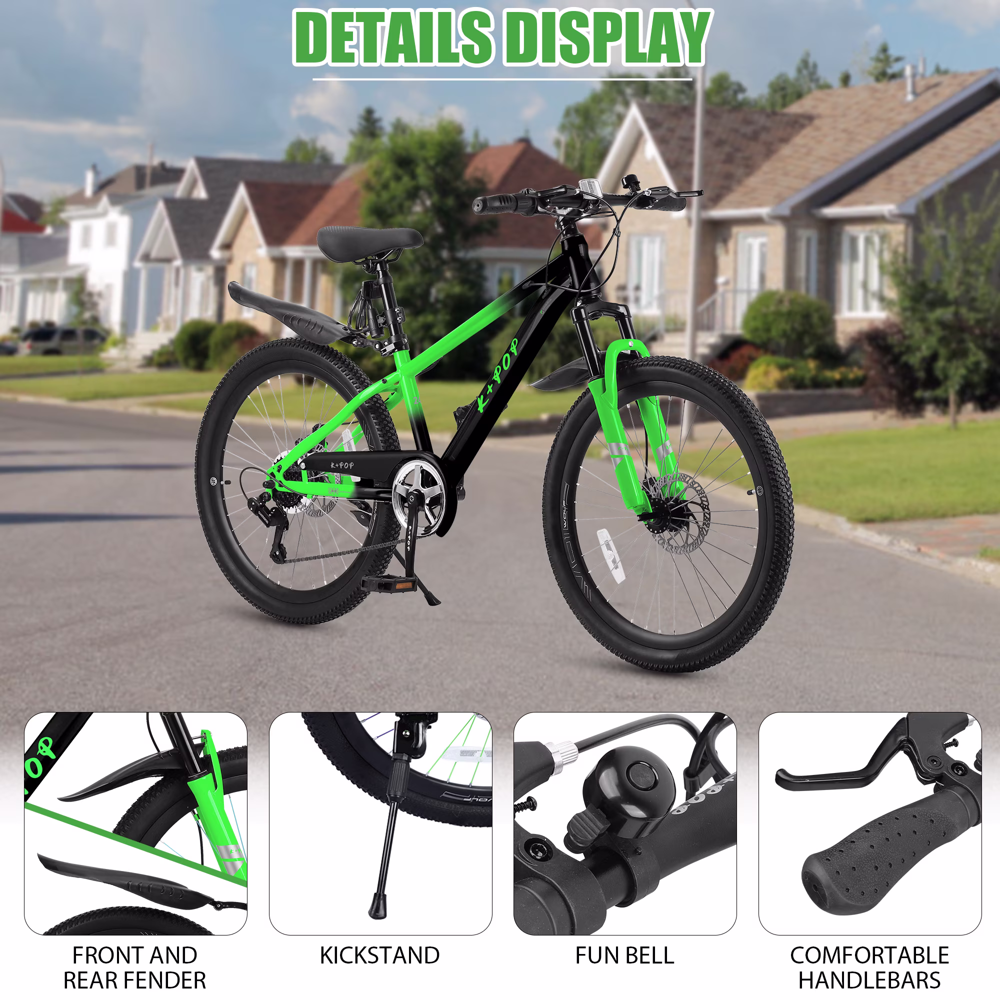 WARAYZ 24" Mountain Bike for Kids, 7-Speed, Dual Disc Brakes, All-Terrain Tires, Ages 9-12, Black/Green - Image 2