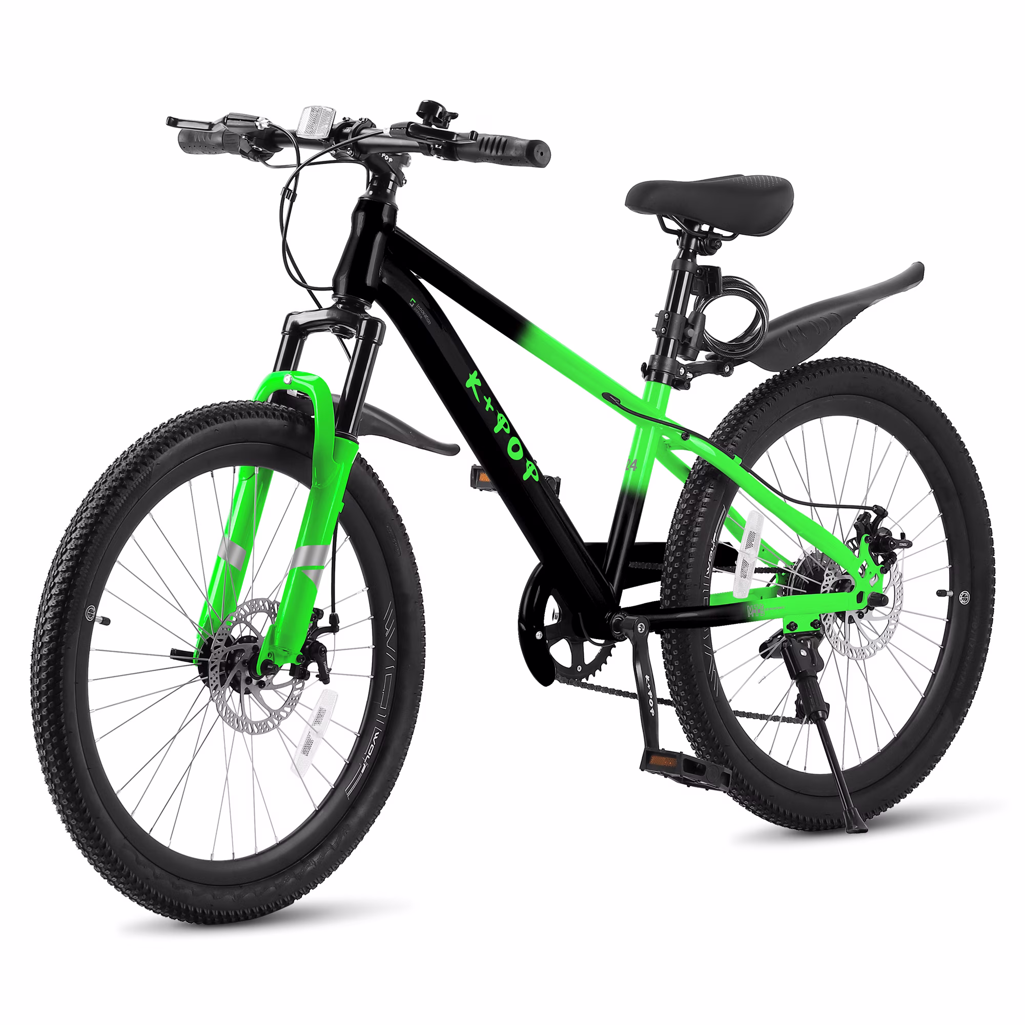 WARAYZ 24" Mountain Bike for Kids, 7-Speed, Dual Disc Brakes, All-Terrain Tires, Ages 9-12, Black/Green