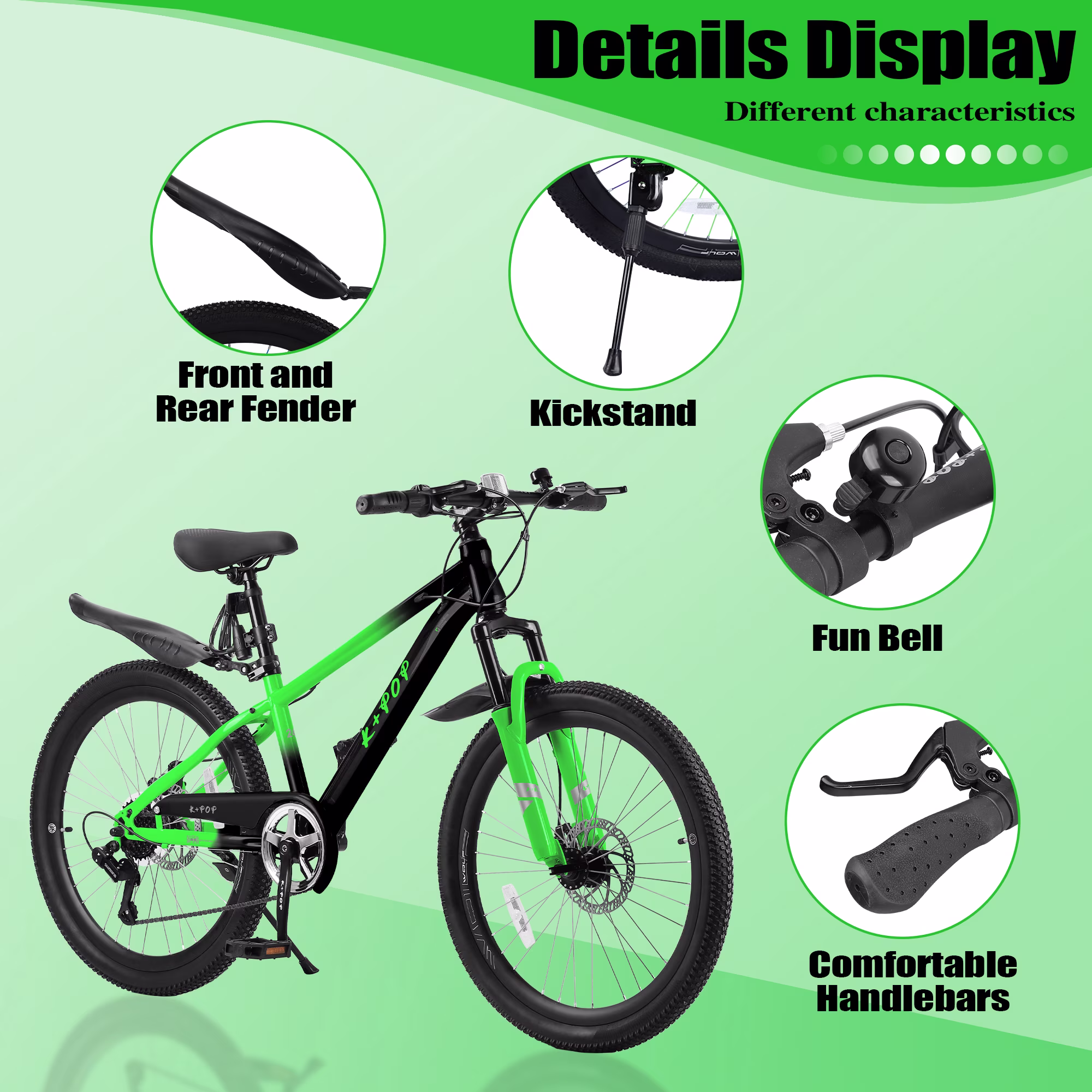 WARAYZ 24" Mountain Bike for Kids, 7-Speed, Dual Disc Brakes, All-Terrain Tires, Ages 9-12, Black/Green - Image 3