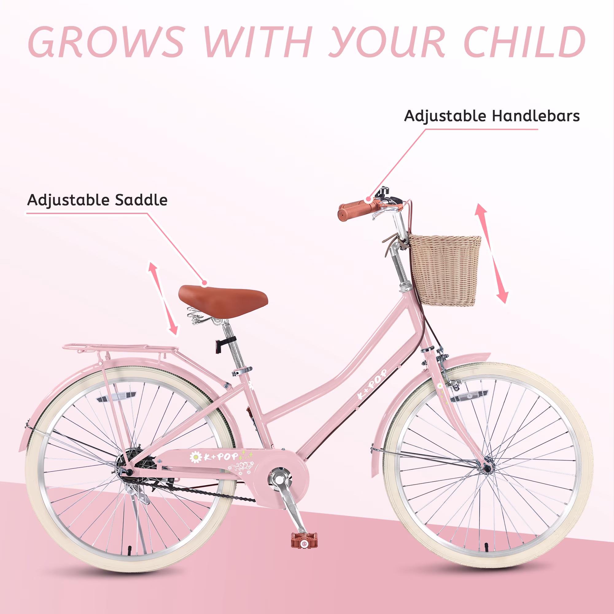 WARAYZ Girls Bike 24" Adjustable Dual Brakes Rear Rack Basket Durable Frame Pink - Image 5
