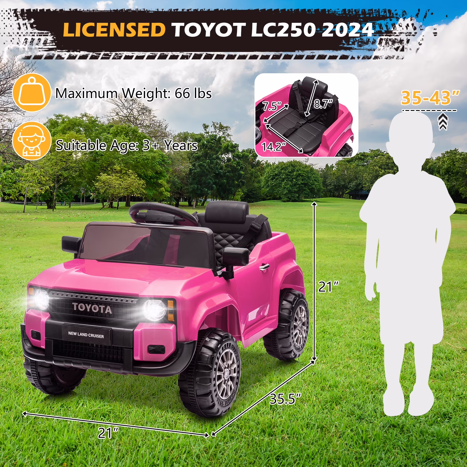 Winado Licensed Toyota 12V Kids Electric Ride On Car with Remote Control, Music, Lights, Pink - Image 5