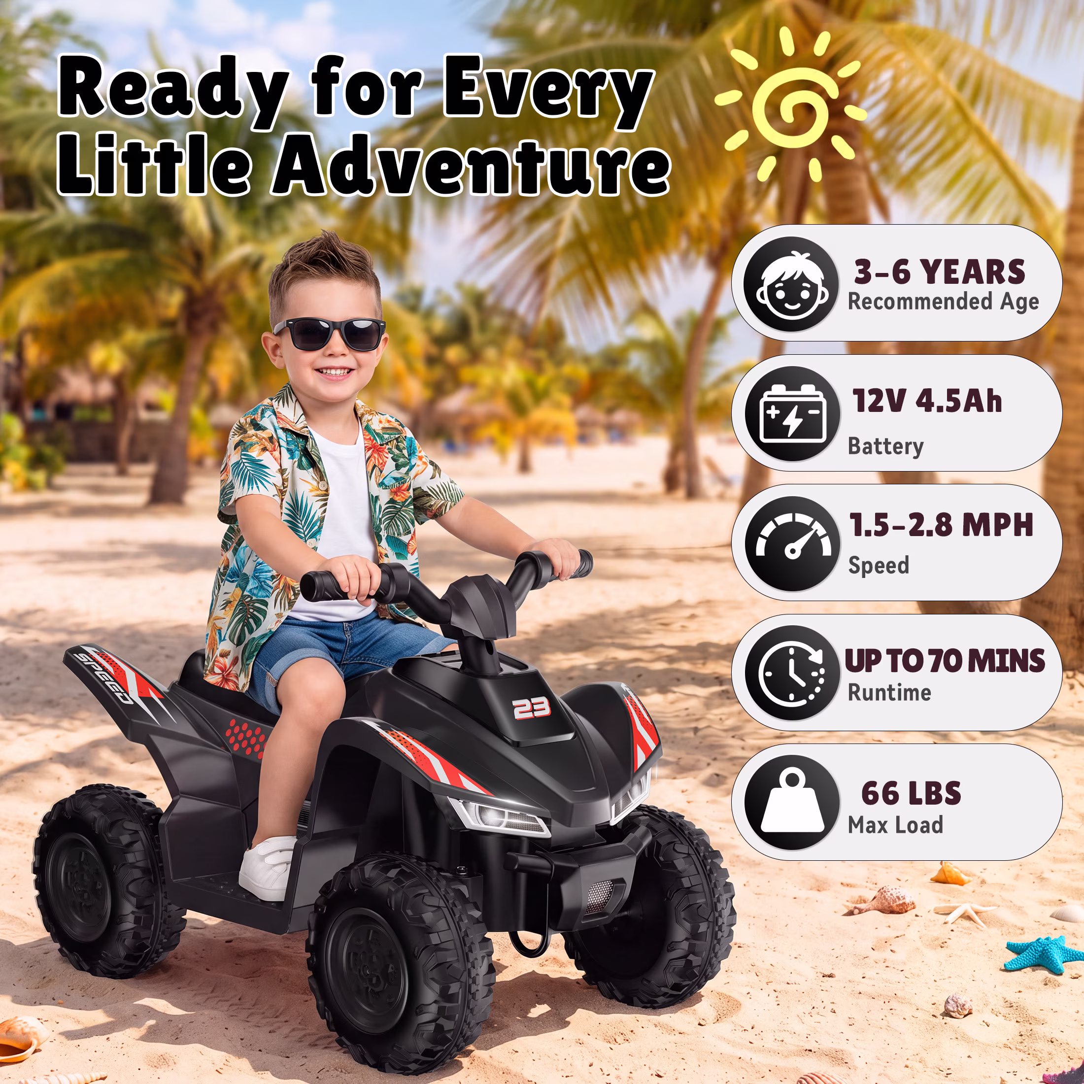 Wisairt 12V Kids ATV, Electric 4 Wheeler for Kids Ages 3-6, Dual Motor Ride On ATV with LED Lights, Music & Wireless Audio, Black - Image 2