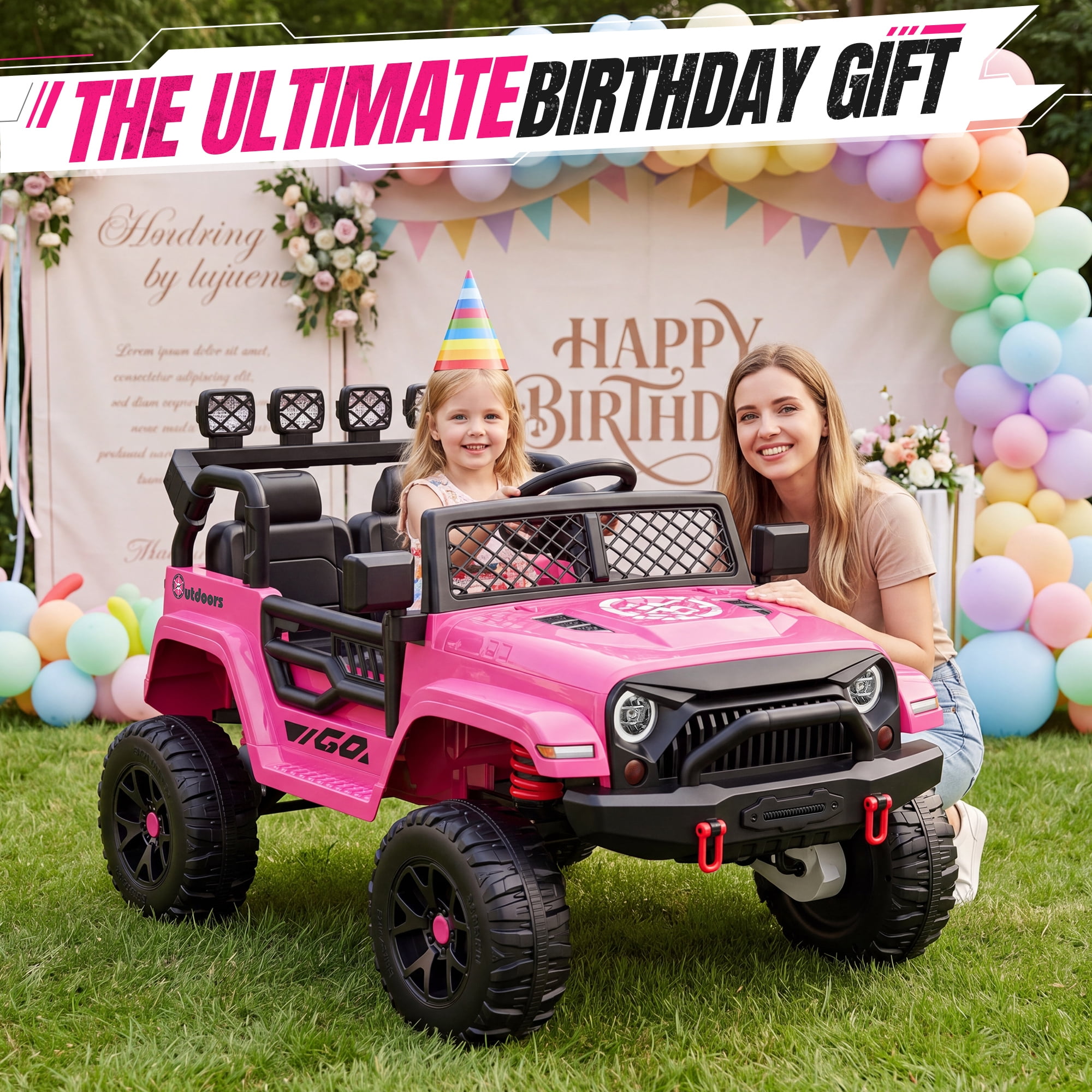 Wisairt 24V Ride on Cars, 4WD 800W Ride on Toys for Big Kids, Power Car Wheel with Remote, Kids Electric Car with 2 Seater, Music, LED Lights, Seat Belt, 3-8 Years Old, Pink - Image 5