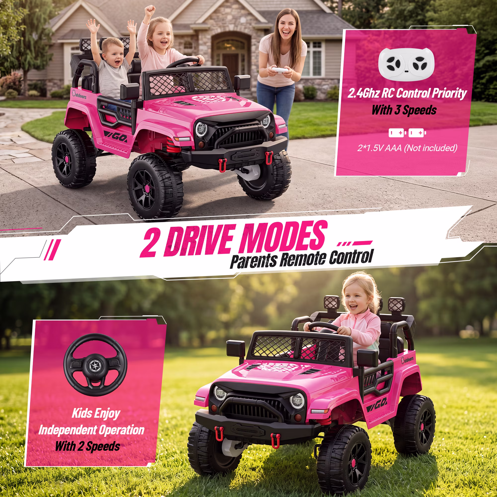 Wisairt 24V Ride on Cars, 4WD 800W Ride on Toys for Big Kids, Power Car Wheel with Remote, Kids Electric Car with 2 Seater, Music, LED Lights, Seat Belt, 3-8 Years Old, Pink - Image 3