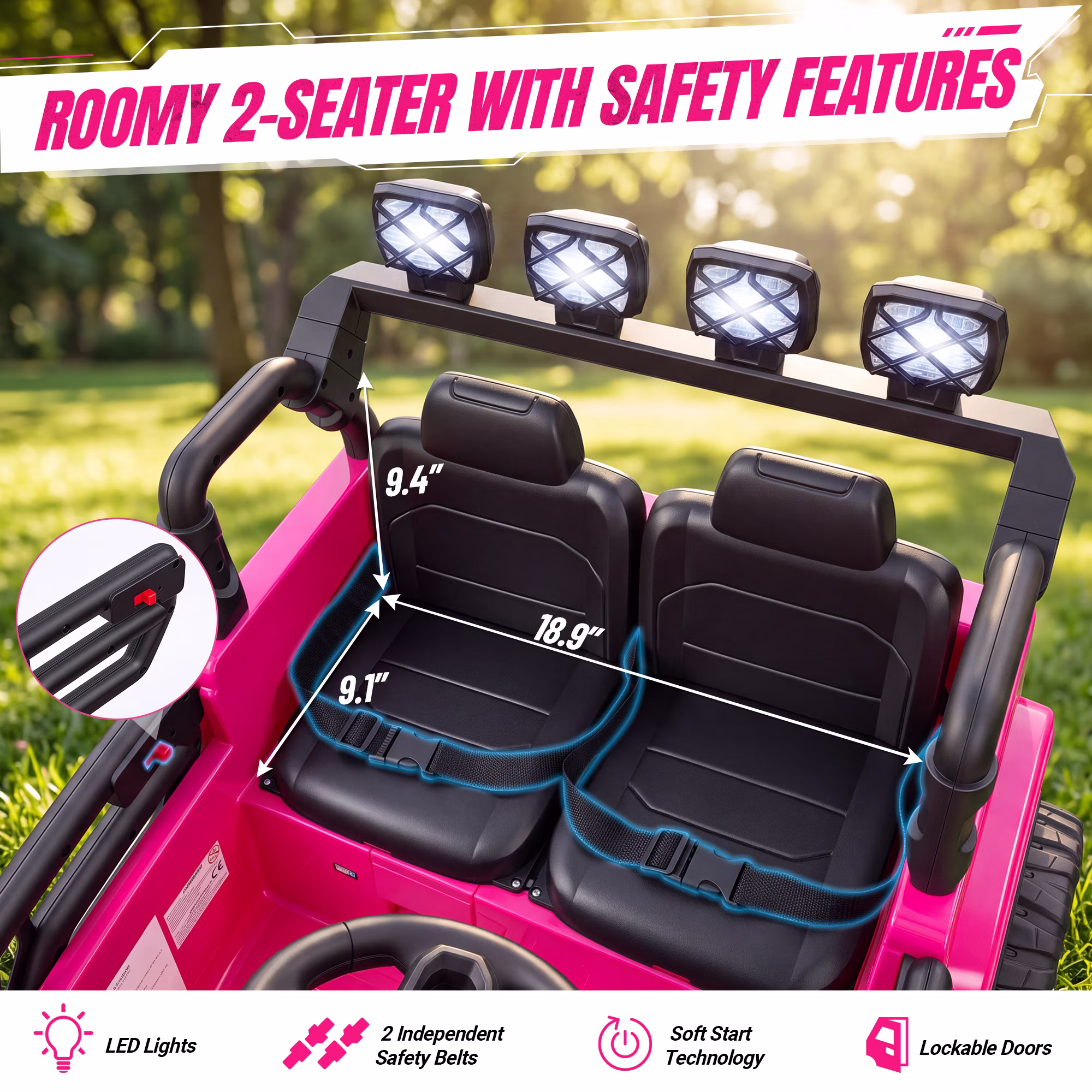 Wisairt 24V Ride on Cars, 4WD 800W Ride on Toys for Big Kids, Power Car Wheel with Remote, Kids Electric Car with 2 Seater, Music, LED Lights, Seat Belt, 3-8 Years Old, Pink - Image 4