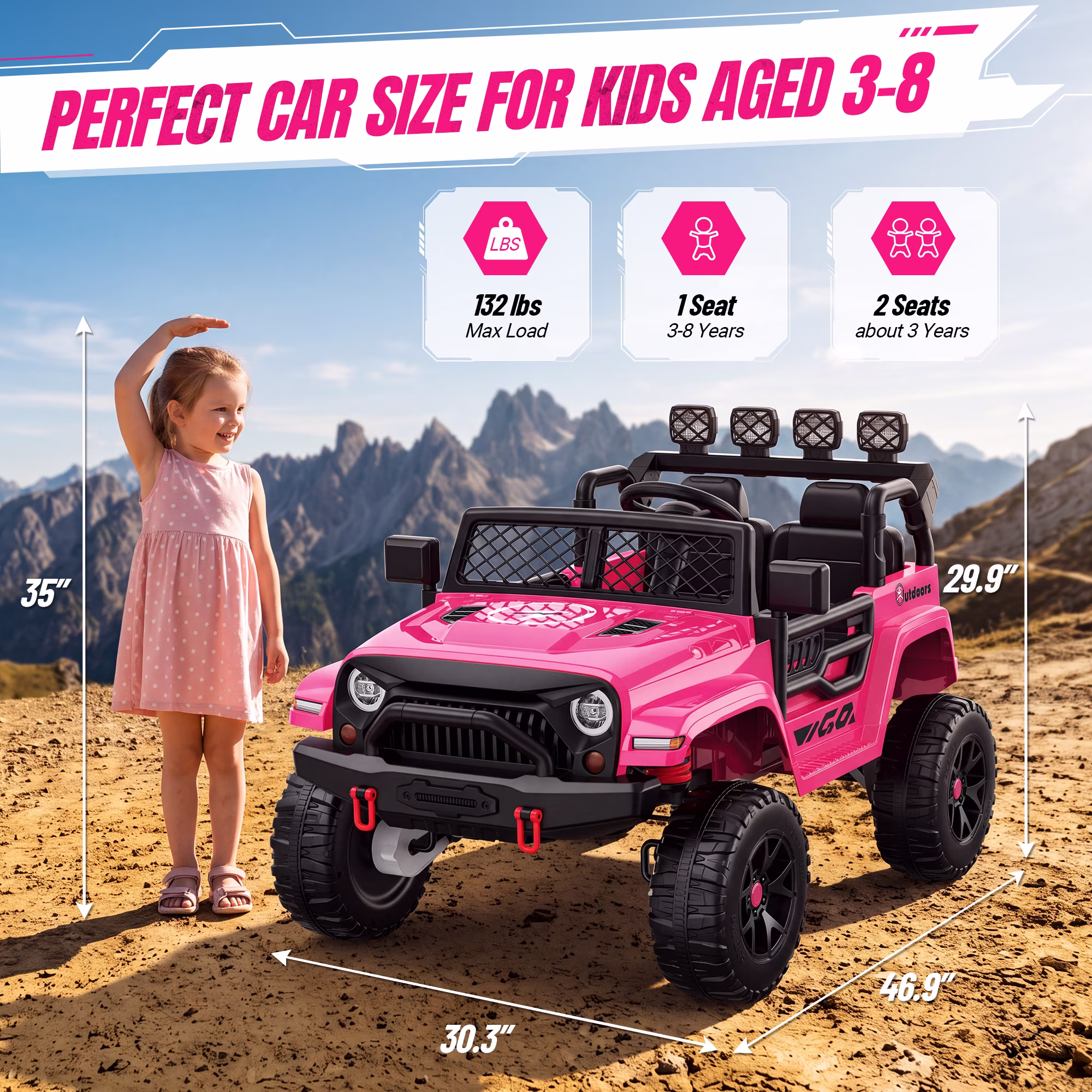 Wisairt 24V Ride on Cars, 4WD 800W Ride on Toys for Big Kids, Power Car Wheel with Remote, Kids Electric Car with 2 Seater, Music, LED Lights, Seat Belt, 3-8 Years Old, Pink - Image 2