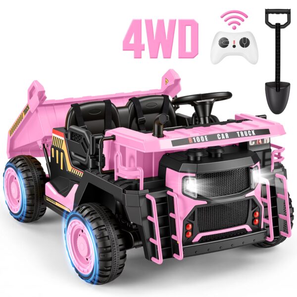 Wisairt 24V Ride On Dump Truck for Kids, 2 Seater 4WD Electric Truck, 4×200W Motors, Power Car Wheel with Remote Control, Automatic Dump Bed, Shovel, Music, Pink