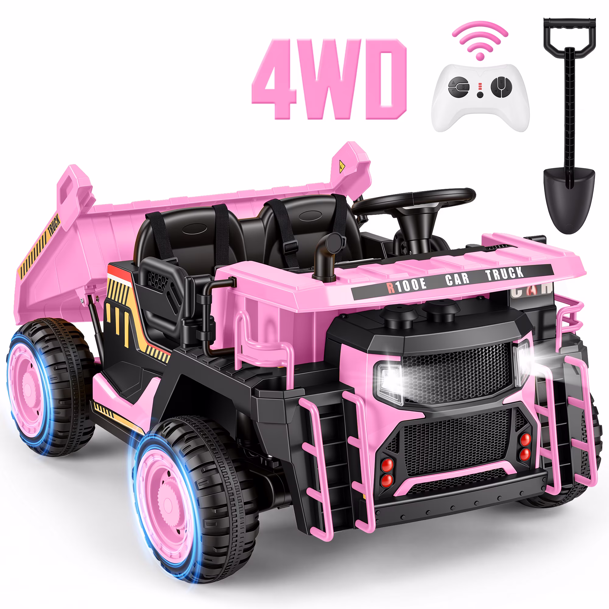 Wisairt 24V Ride On Dump Truck for Kids, 2 Seater 4WD Electric Truck, 4×200W Motors, Power Car Wheel with Remote Control, Automatic Dump Bed, Shovel, Music, Pink