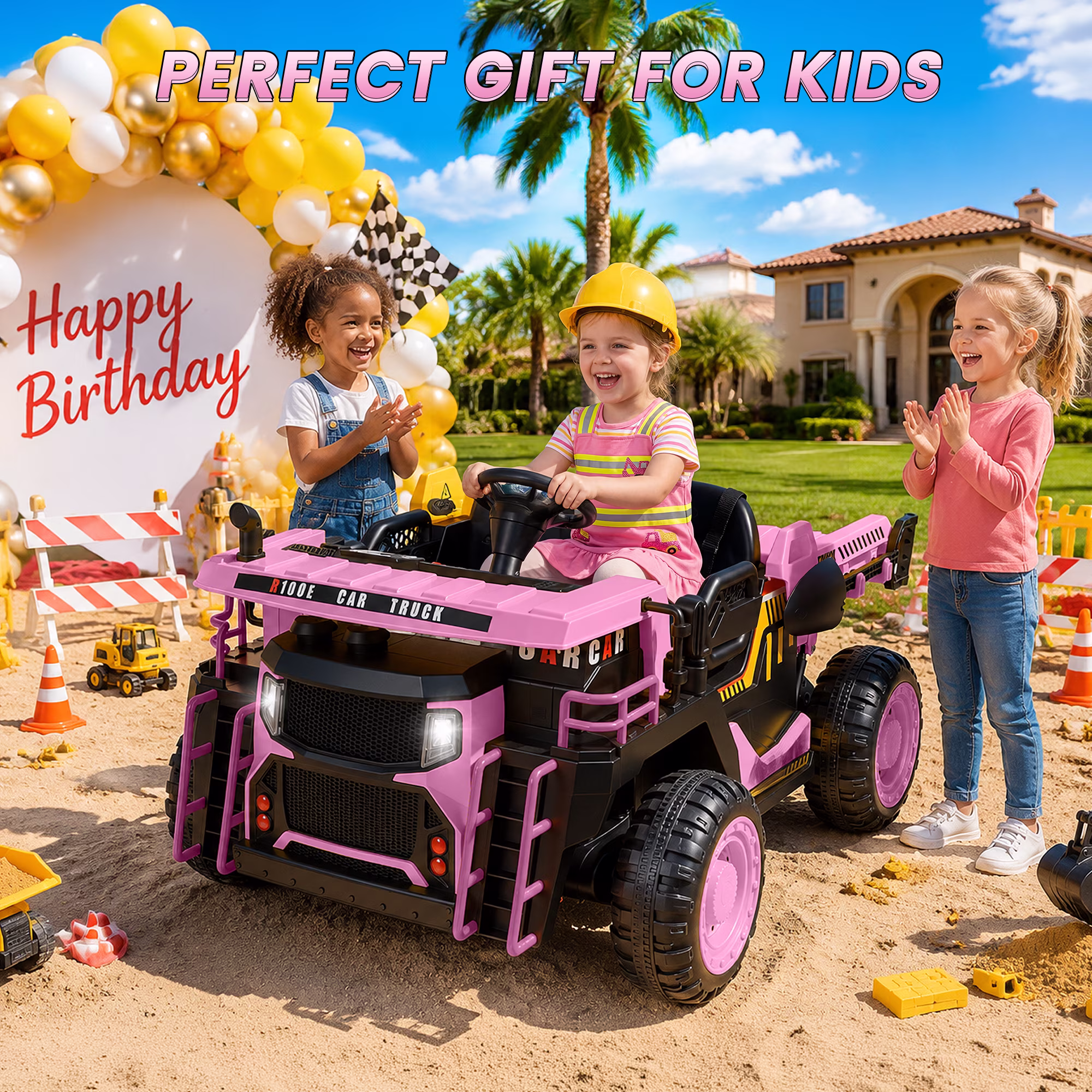 Wisairt 24V Ride On Dump Truck for Kids, 2 Seater 4WD Electric Truck, 4×200W Motors, Power Car Wheel with Remote Control, Automatic Dump Bed, Shovel, Music, Pink - Image 3