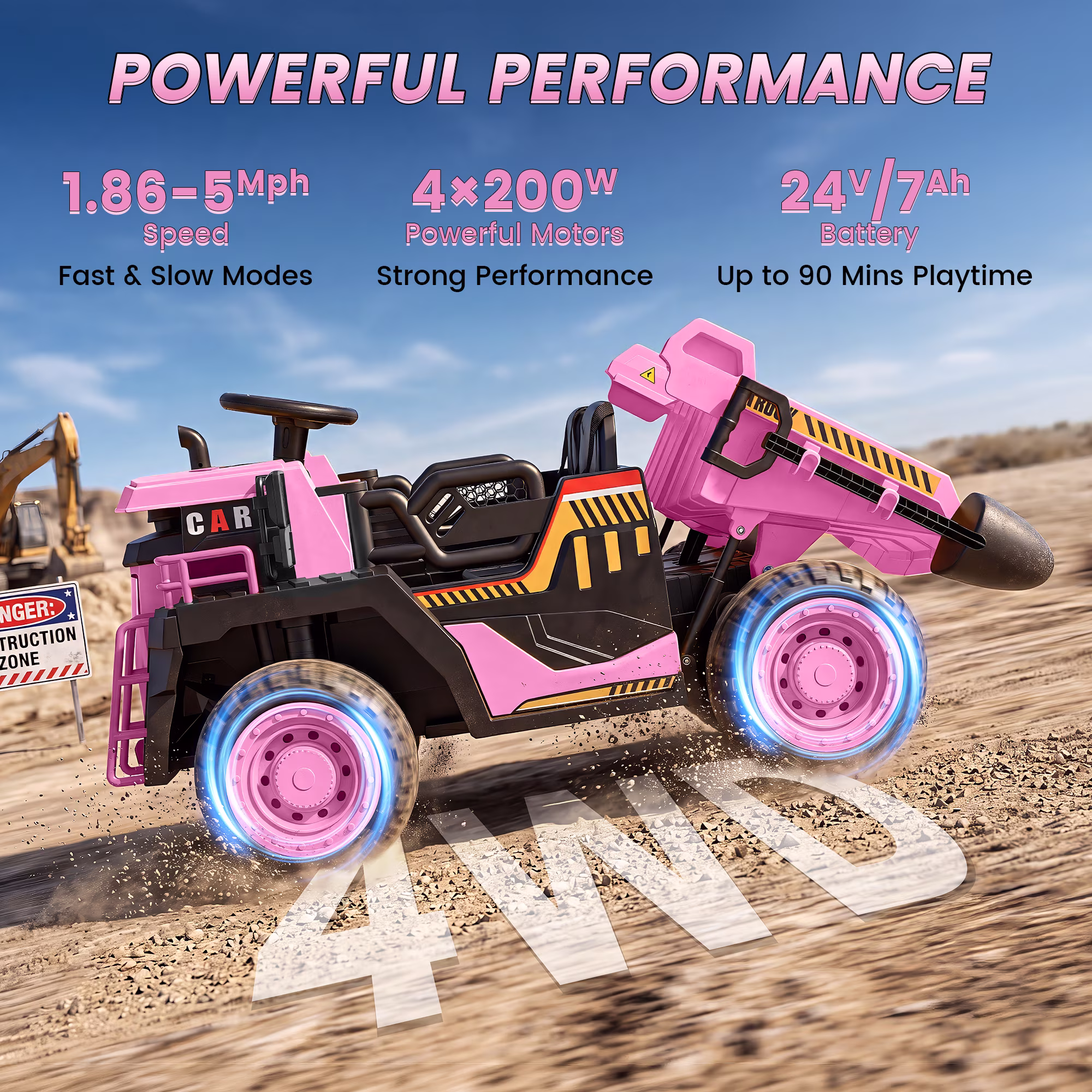Wisairt 24V Ride On Dump Truck for Kids, 2 Seater 4WD Electric Truck, 4×200W Motors, Power Car Wheel with Remote Control, Automatic Dump Bed, Shovel, Music, Pink - Image 2