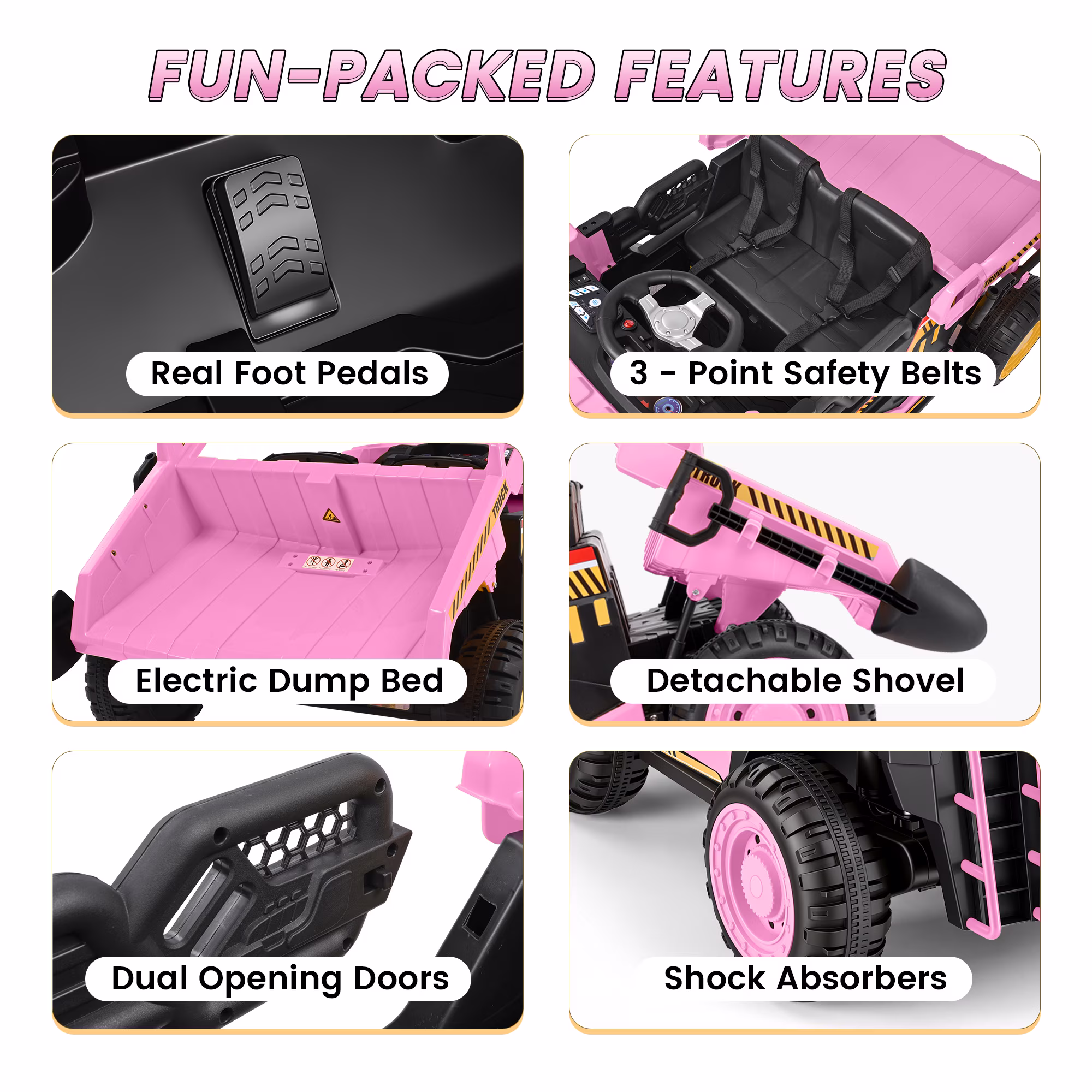 Wisairt 24V Ride On Dump Truck for Kids, 2 Seater 4WD Electric Truck, 4×200W Motors, Power Car Wheel with Remote Control, Automatic Dump Bed, Shovel, Music, Pink - Image 4
