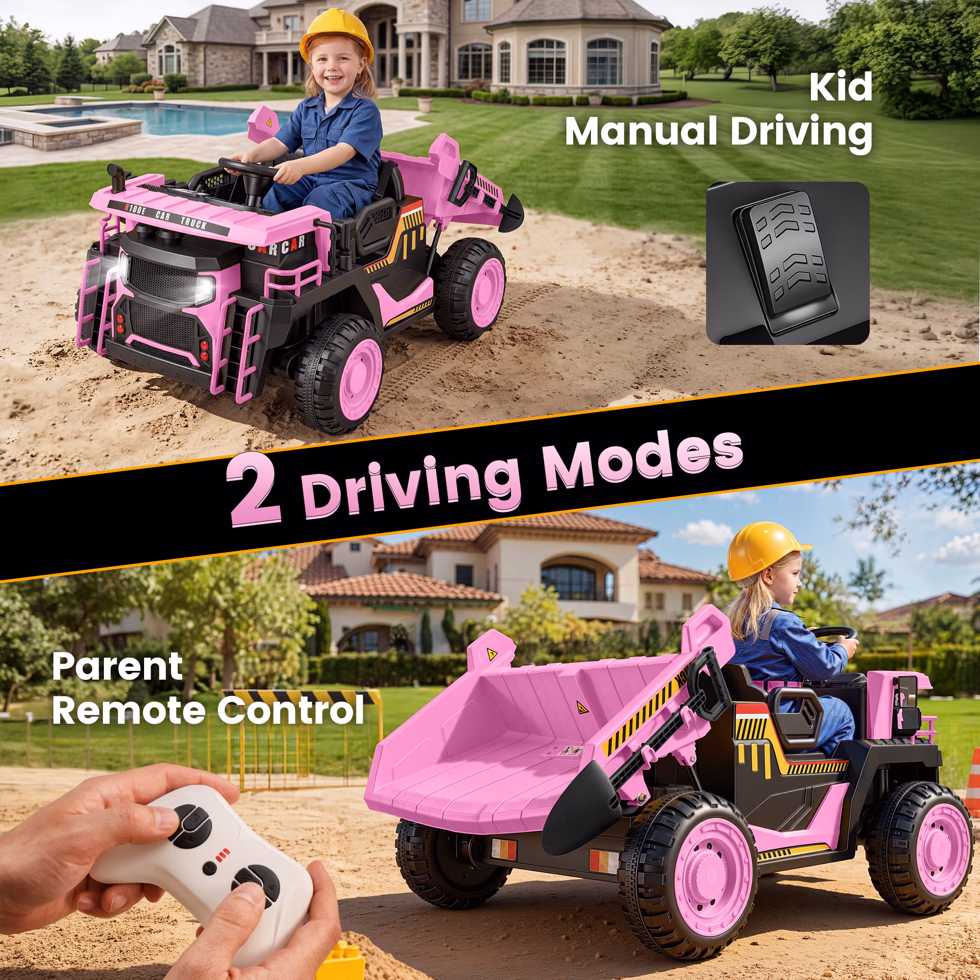 Wisairt 24V Ride On Dump Truck for Kids, 2 Seater 4WD Electric Truck, 4×200W Motors, Power Car Wheel with Remote Control, Automatic Dump Bed, Shovel, Music, Pink - Image 5