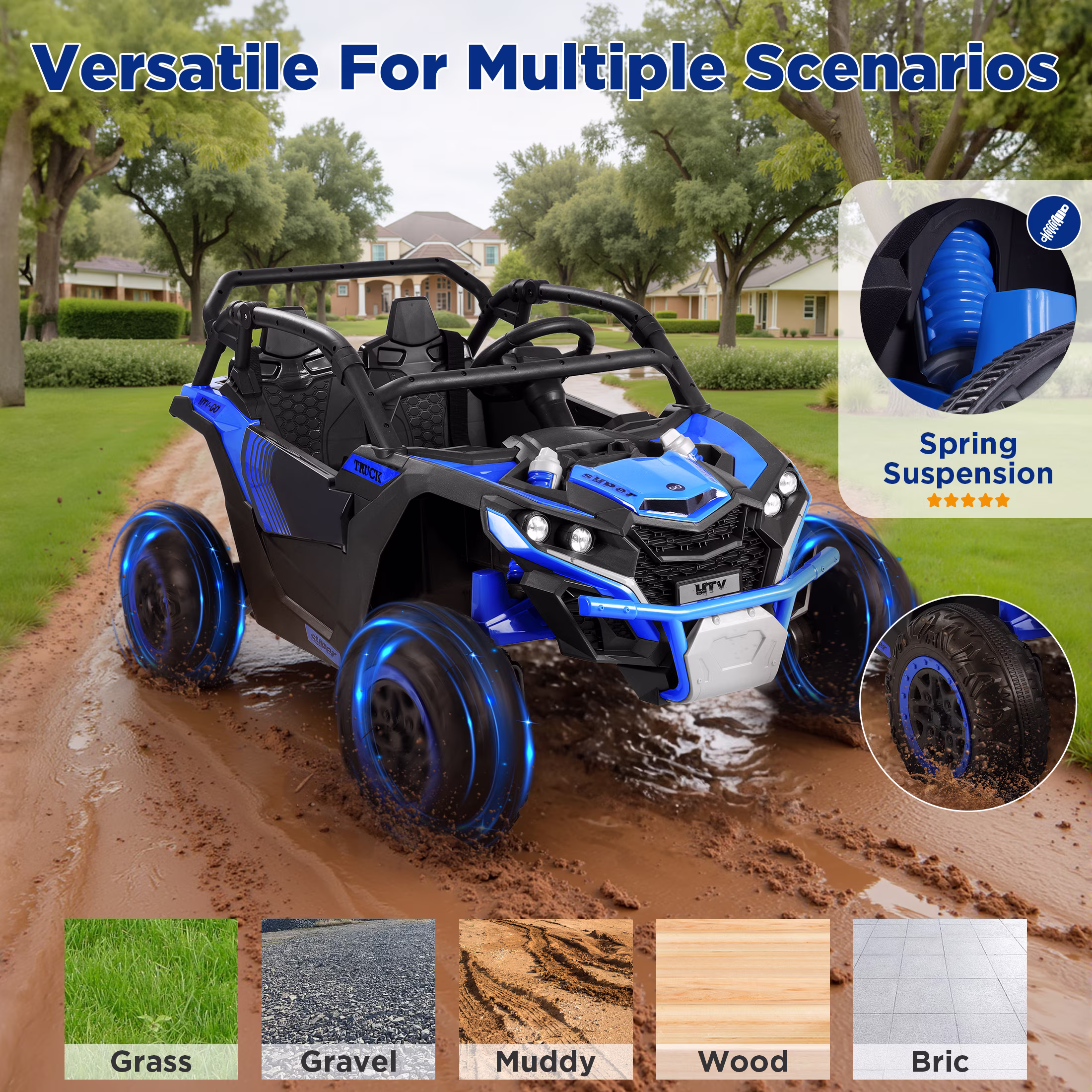 Wisairt 24V Ride on Toys 4WD Ride on Cars with Remote Control, 2 Seater Electric Car for Kids, Power Car Wheels, UTV w/ 4 Motors, Music, Lights, 3 Speeds, Blue - Image 5